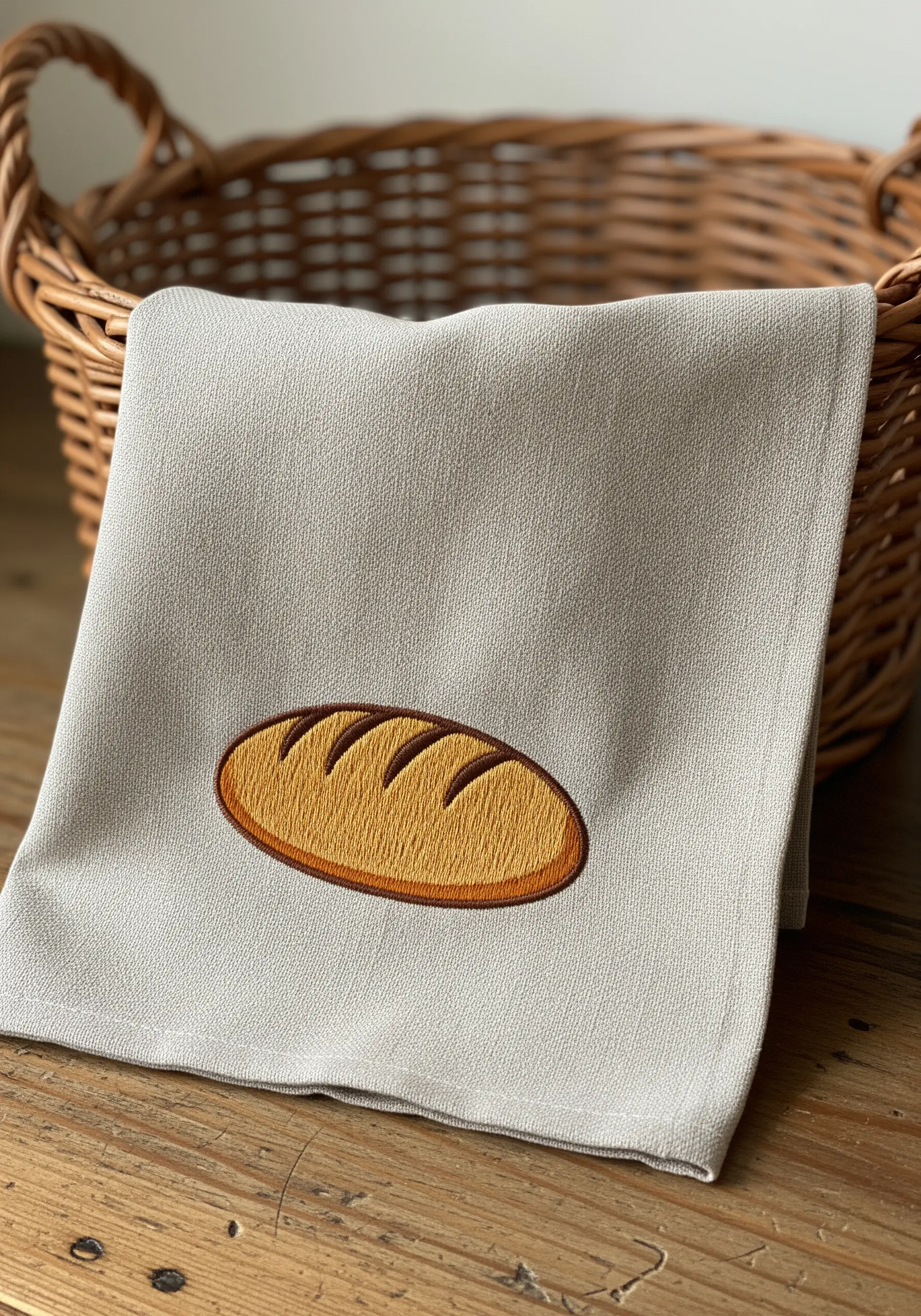 An embroidered loaf of bread with curved satin stitch on a beige linen towel.