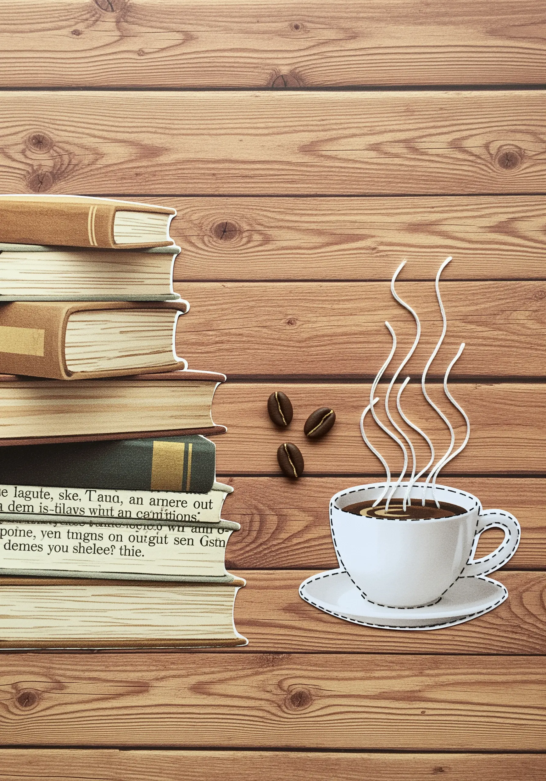 Paper cutouts of books and a coffee cup, with white thread stitched as steam.