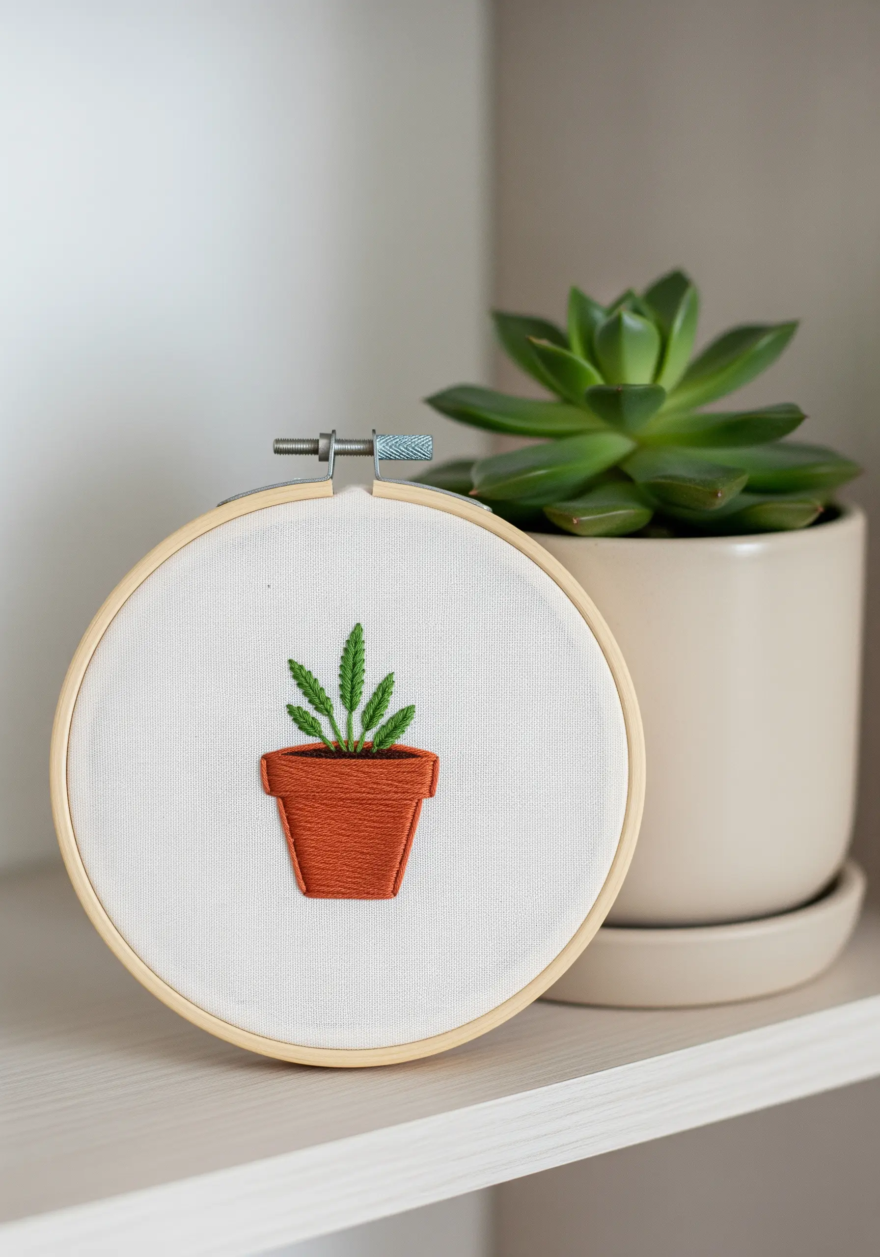A small potted plant with a terracotta pot stitched in brick stitch.