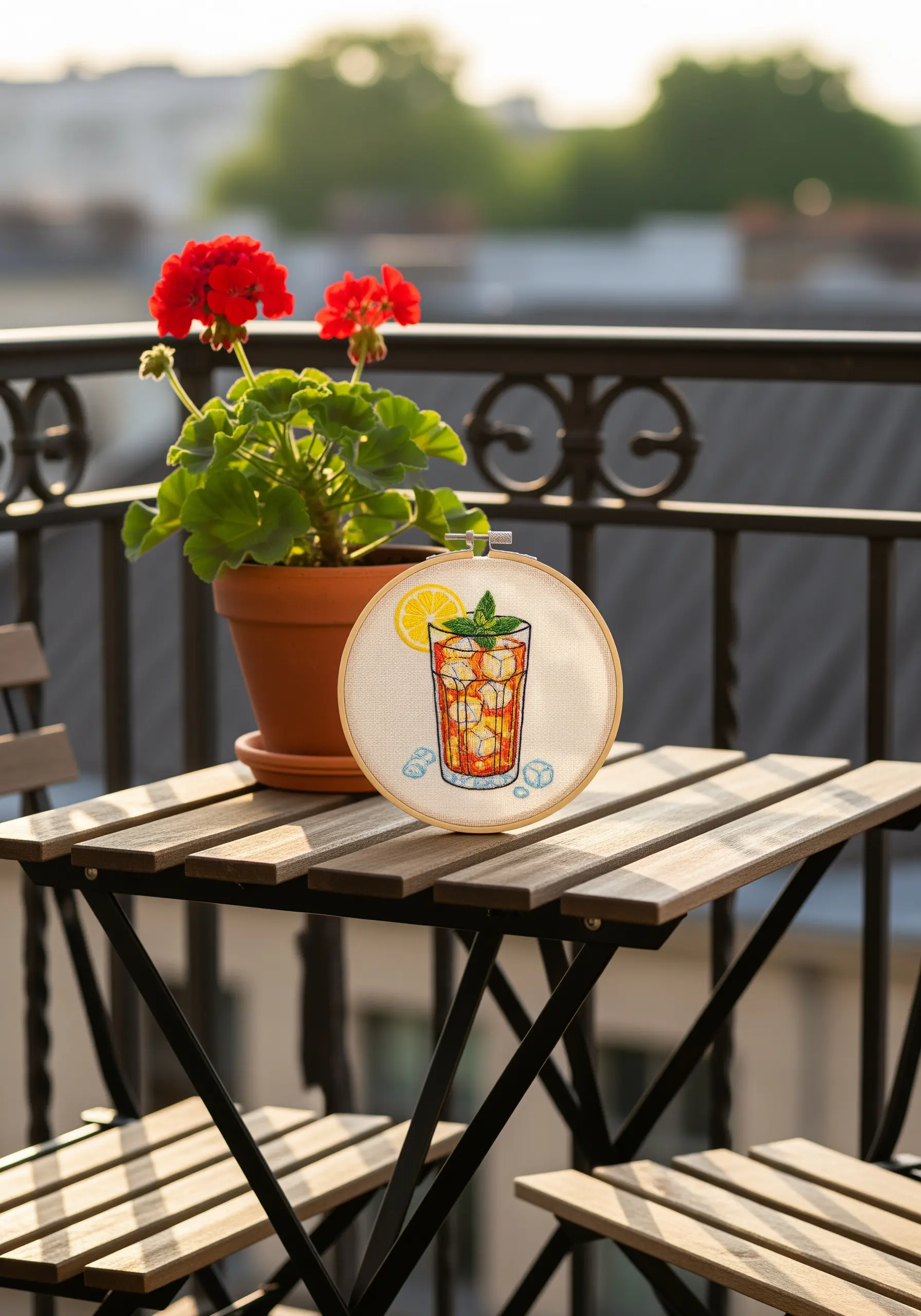 Embroidery of a glass of iced tea with lemon and mint, displayed on a balcony table.