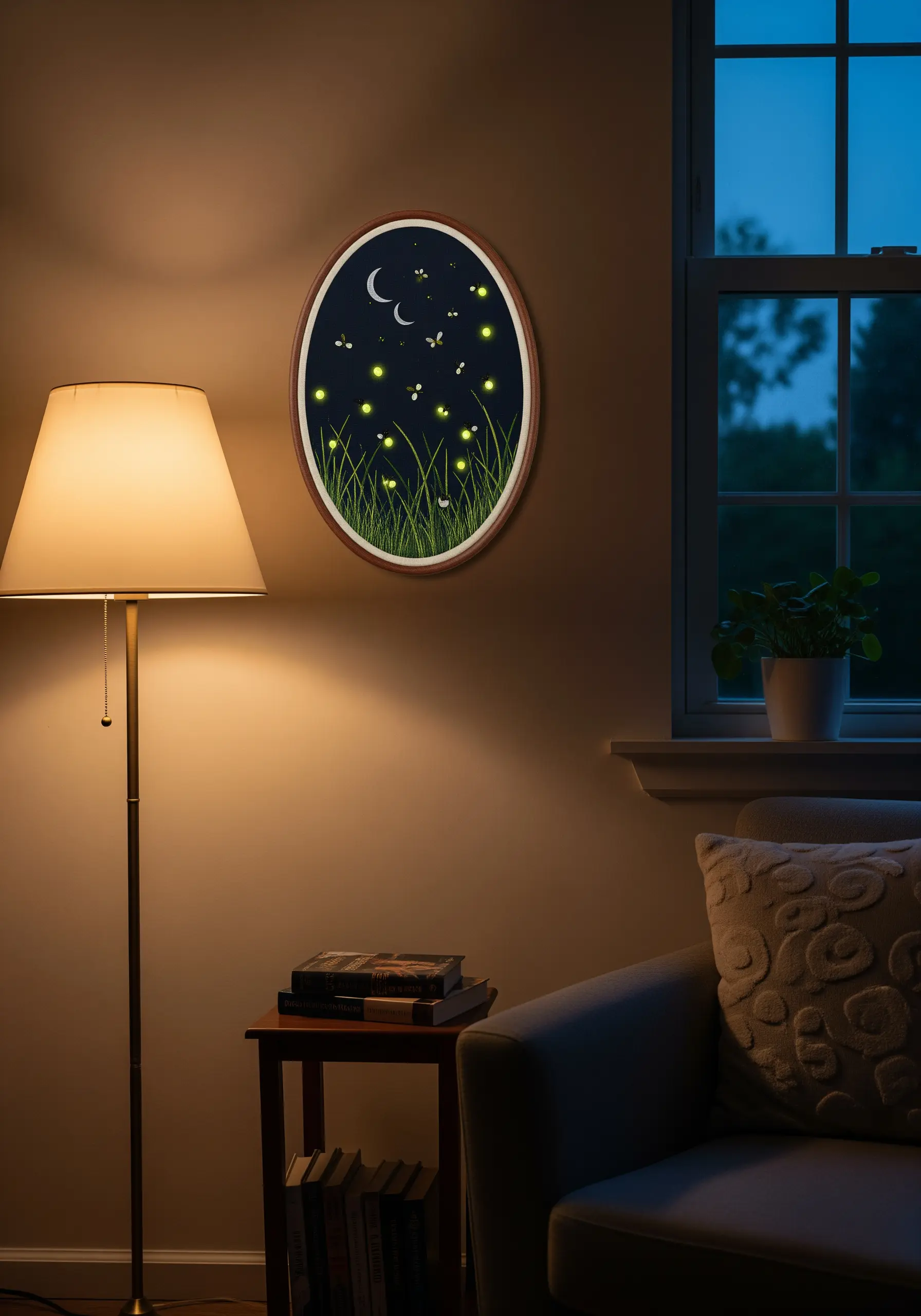 An oval-framed embroidery of a dark meadow with glowing fireflies stitched in the grass.