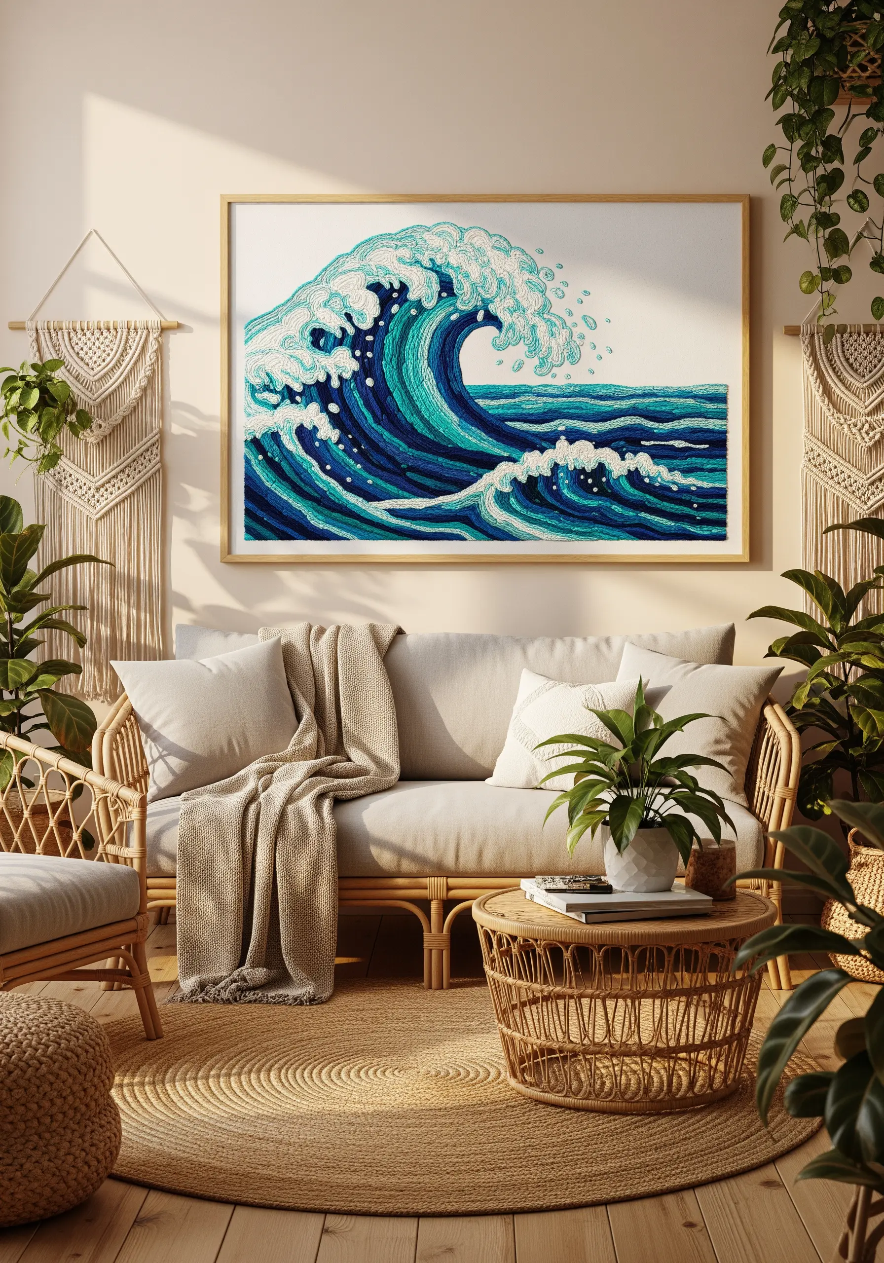A large, detailed embroidery of a cresting ocean wave in multiple shades of blue and white.