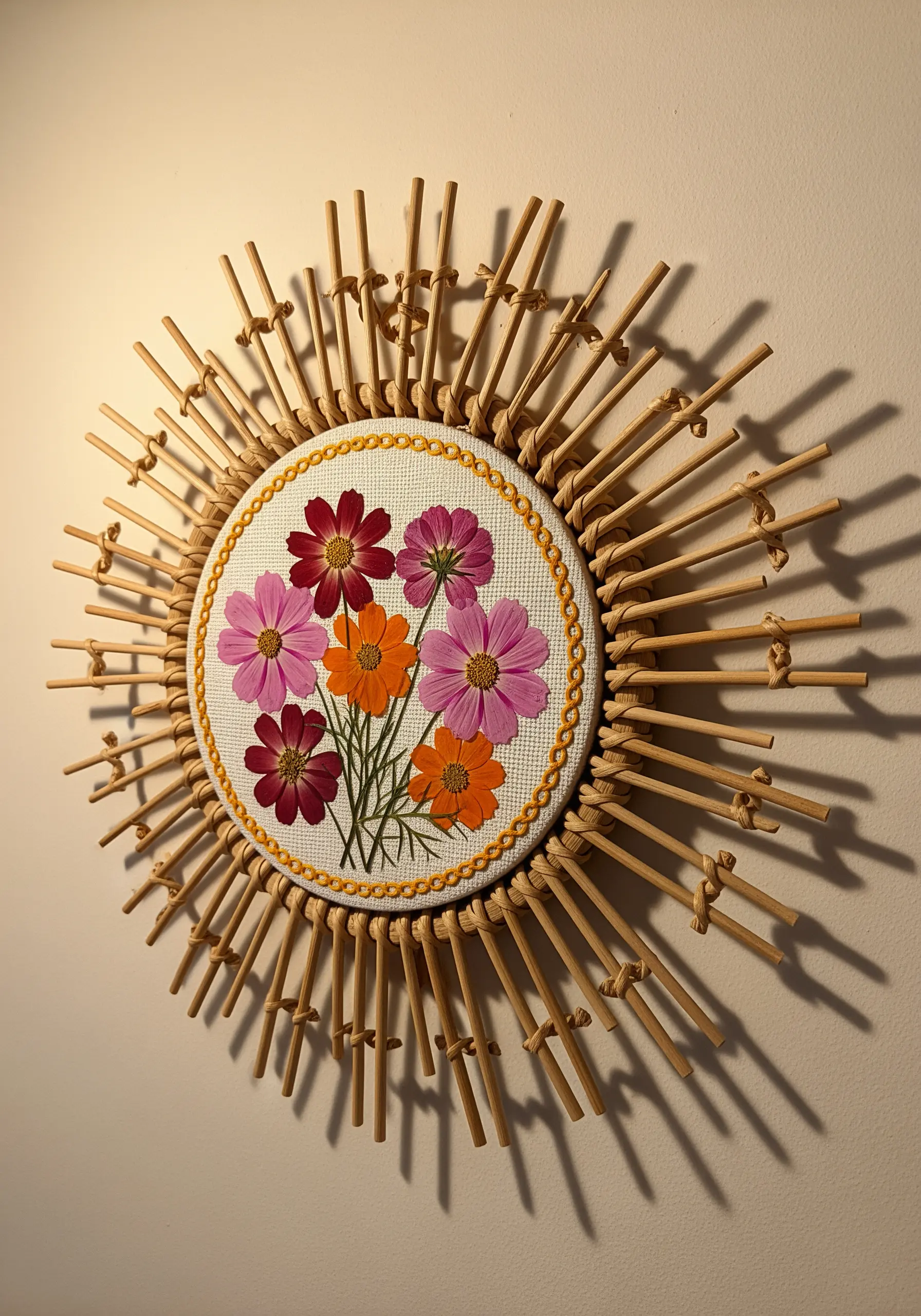 Pink and orange cosmos flowers in a rattan sunburst hoop frame