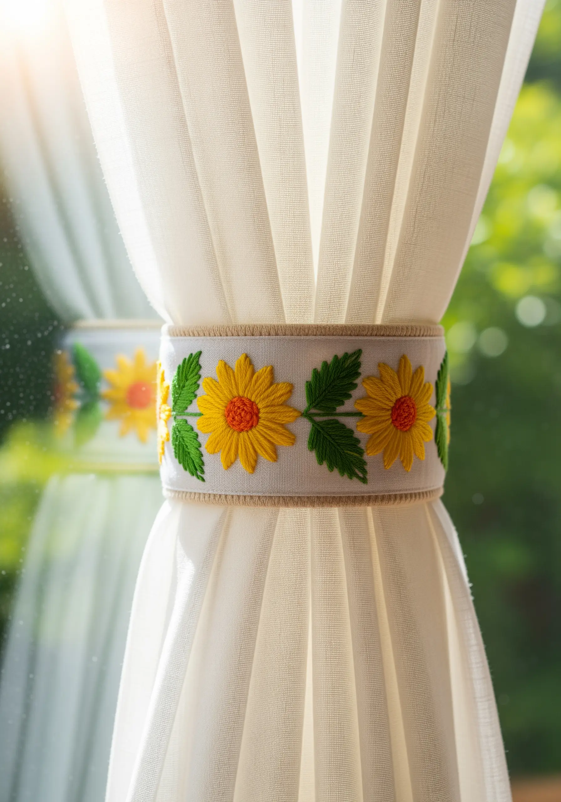 Curtain tie-back with yellow sunflower embroidery