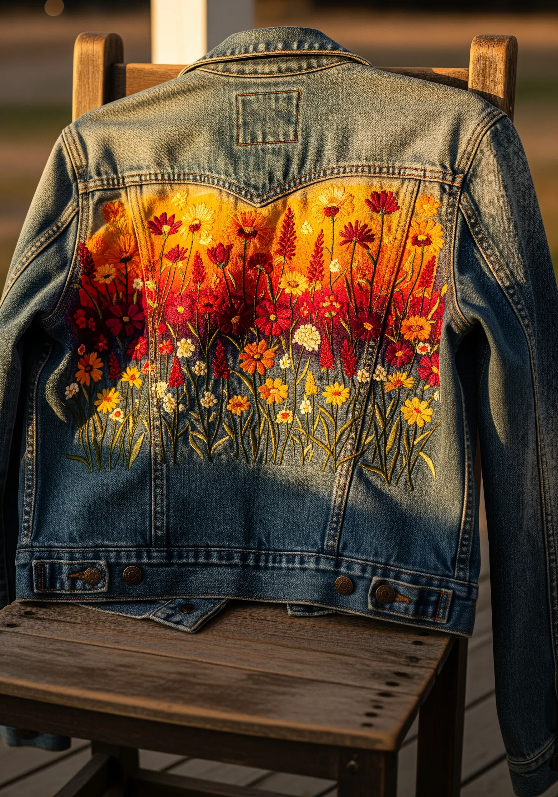 Wildflower embroidery over a warm sunset-colored gradient on a denim jacket.