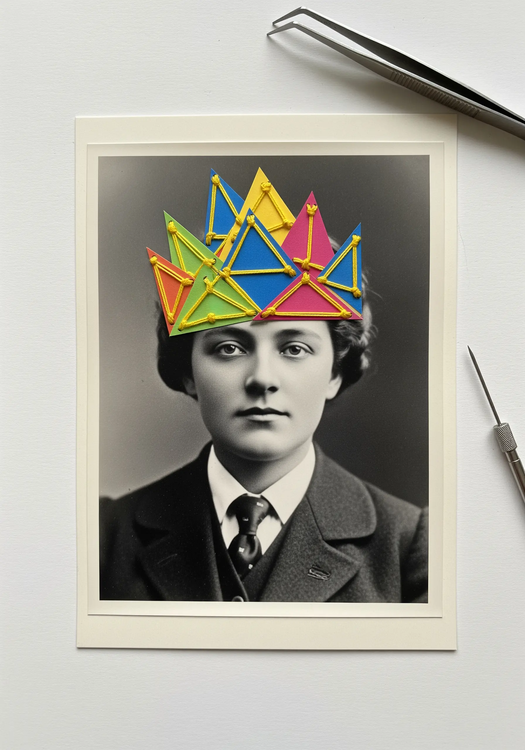 Vintage portrait photo with a colorful paper triangle crown stitched on
