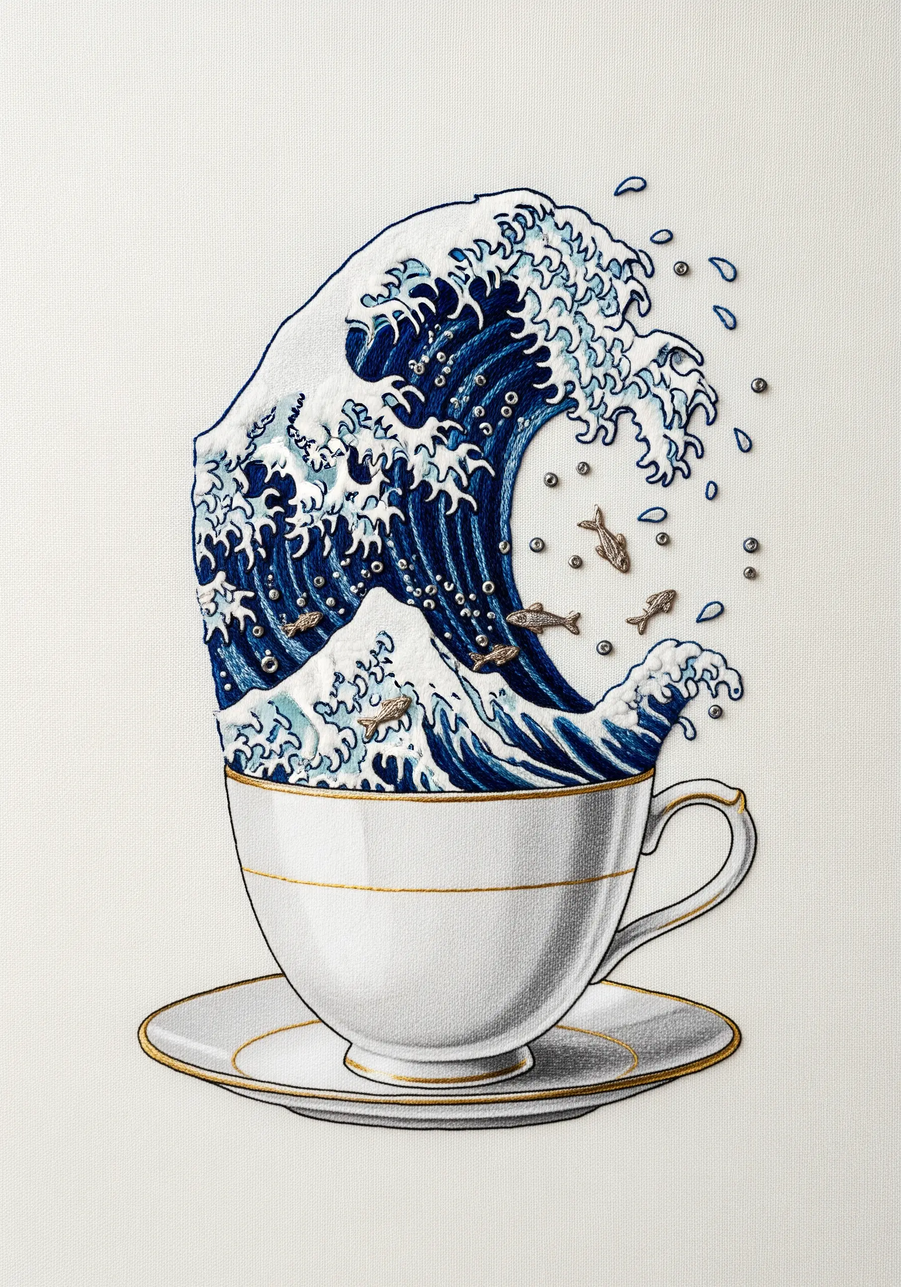 “The Great Wave off Kanagawa” embroidered inside a teacup with metallic and bead details.