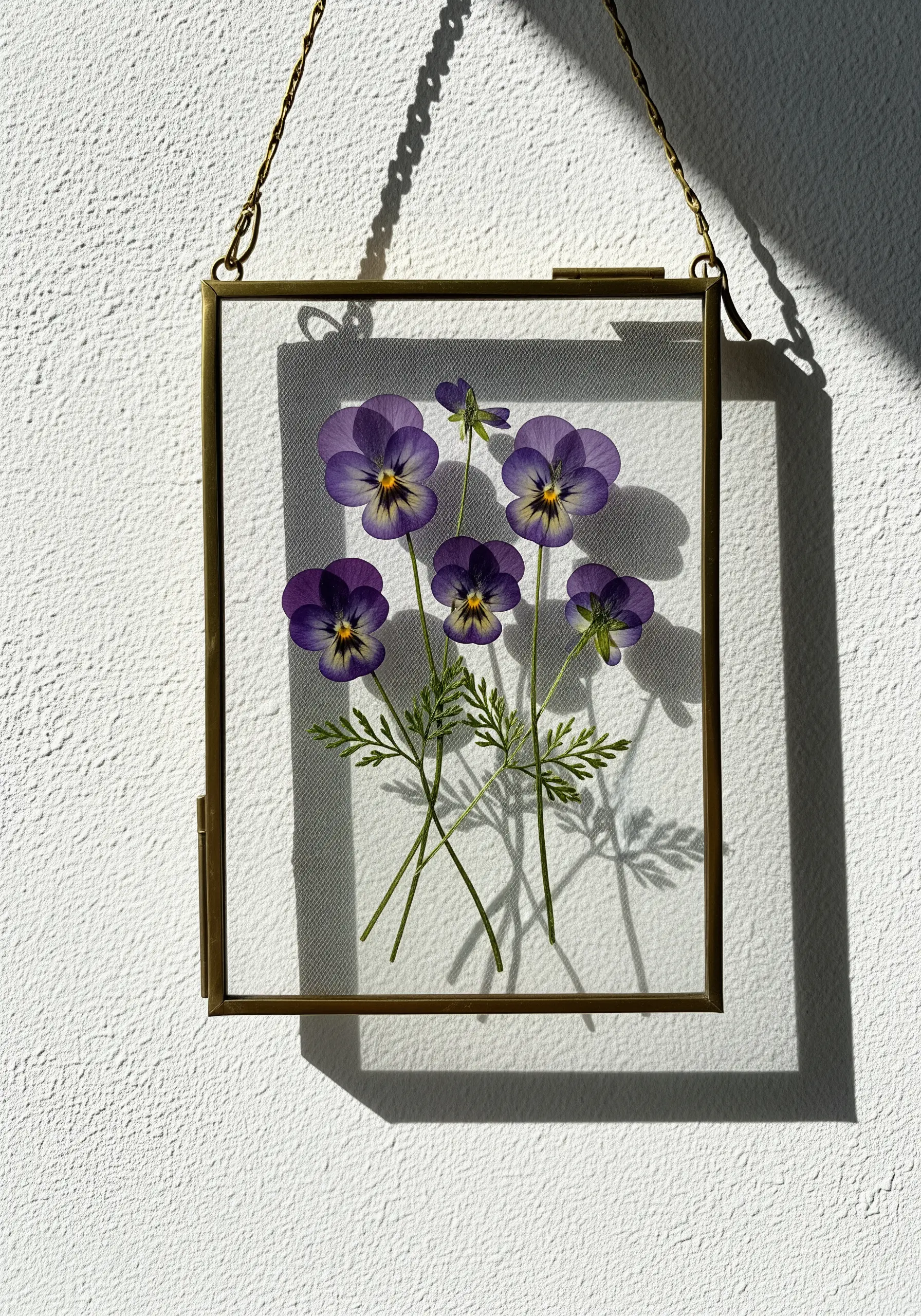 Pressed purple pansies floating in a brass double-glass frame