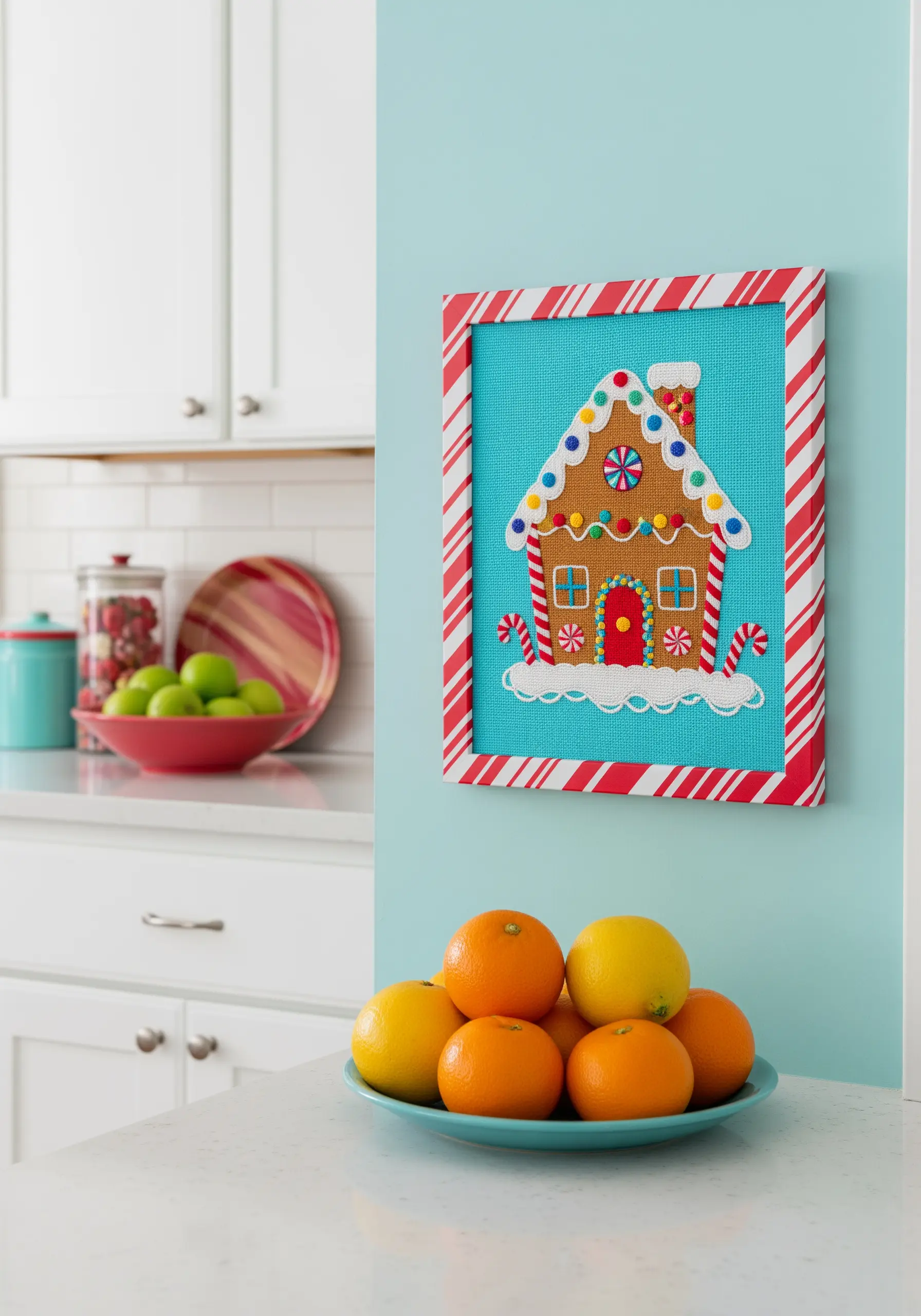 A colorful embroidered gingerbread house in a candy-cane striped frame on a bright blue wall.