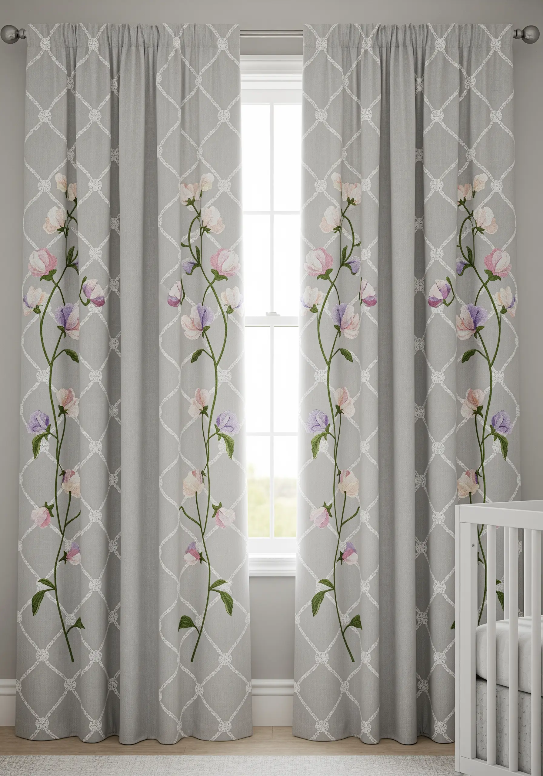 Delicate sweet pea vines embroidered over a printed trellis pattern on gray nursery curtains.