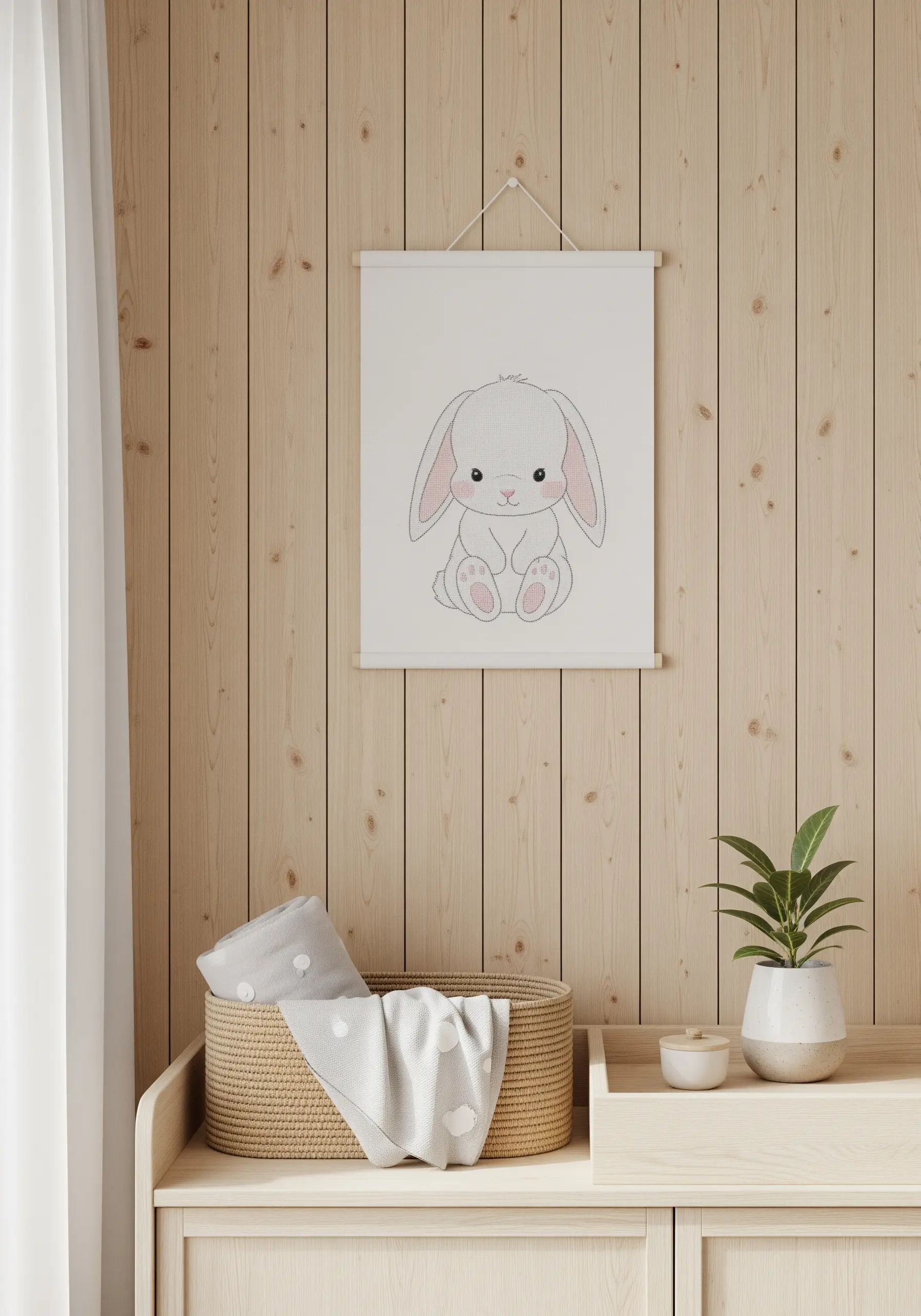 A simple line-art bunny with pink accents, hung as a wall scroll.