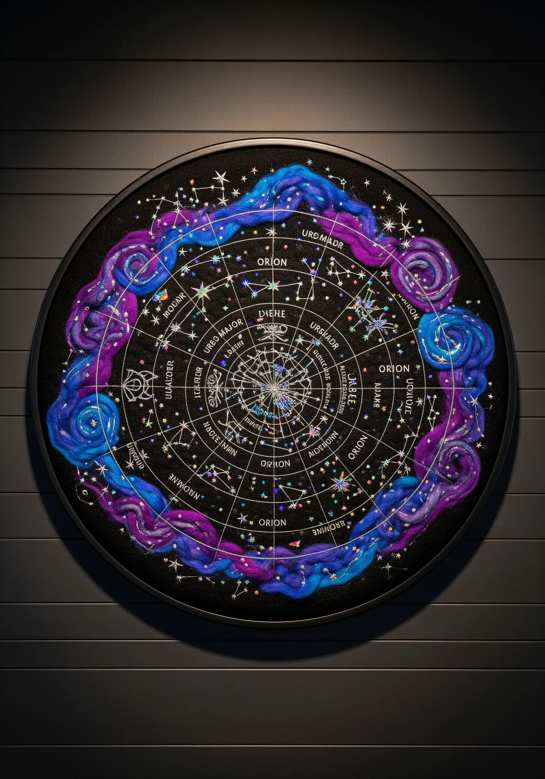 Circular celestial embroidery with swirling purple wool roving and star charts