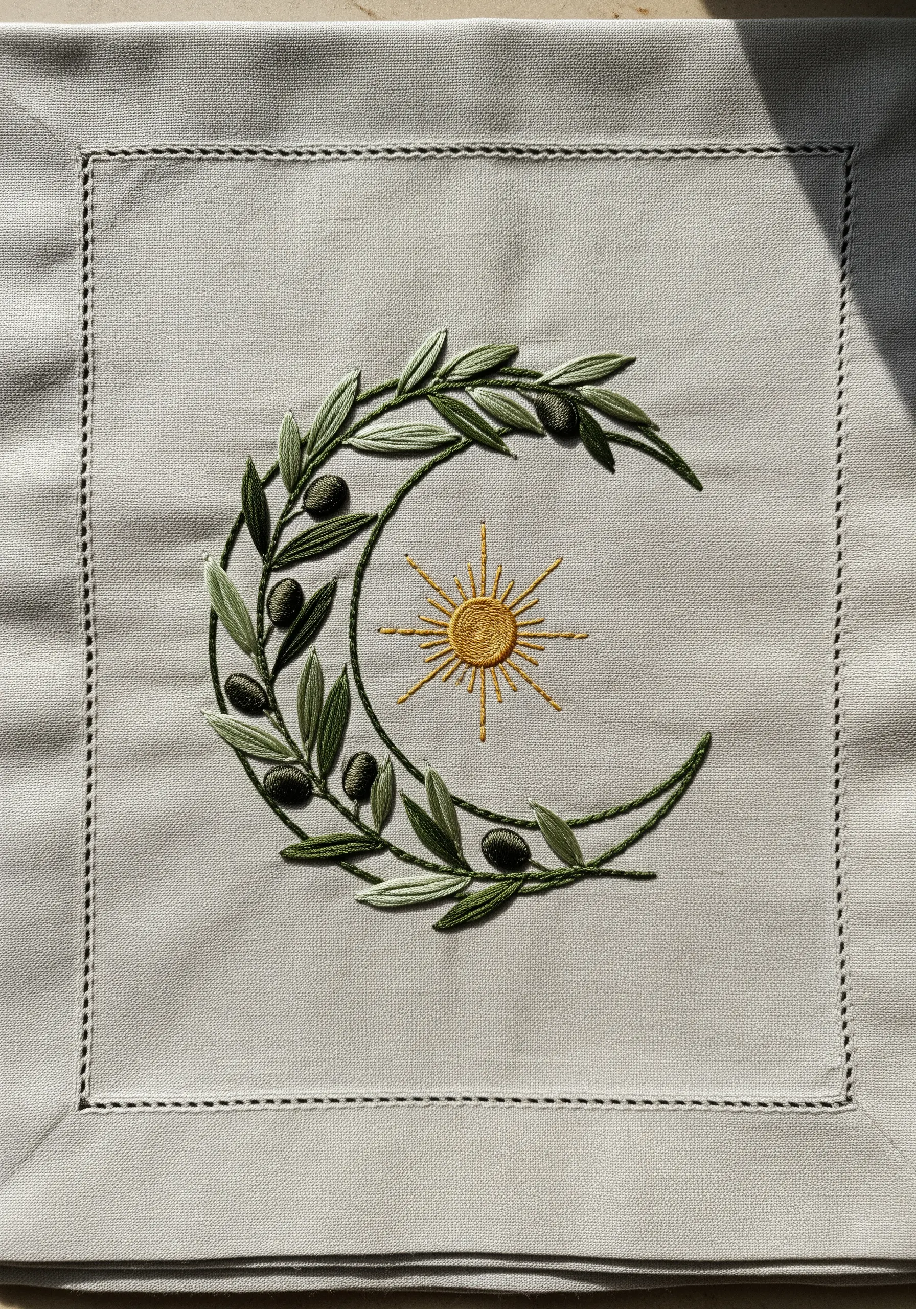 An olive branch embroidered in a crescent moon shape with a small sun at its center.