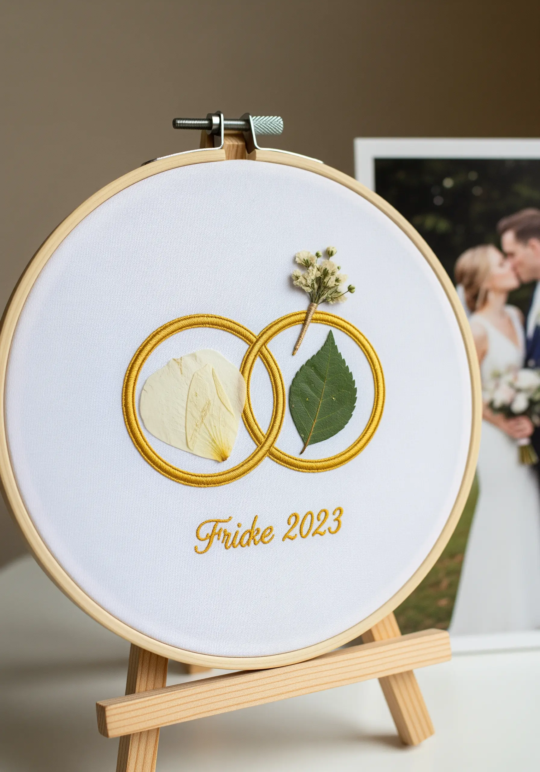 Two satin-stitched gold wedding rings, one holding a white petal and the other a green leaf.