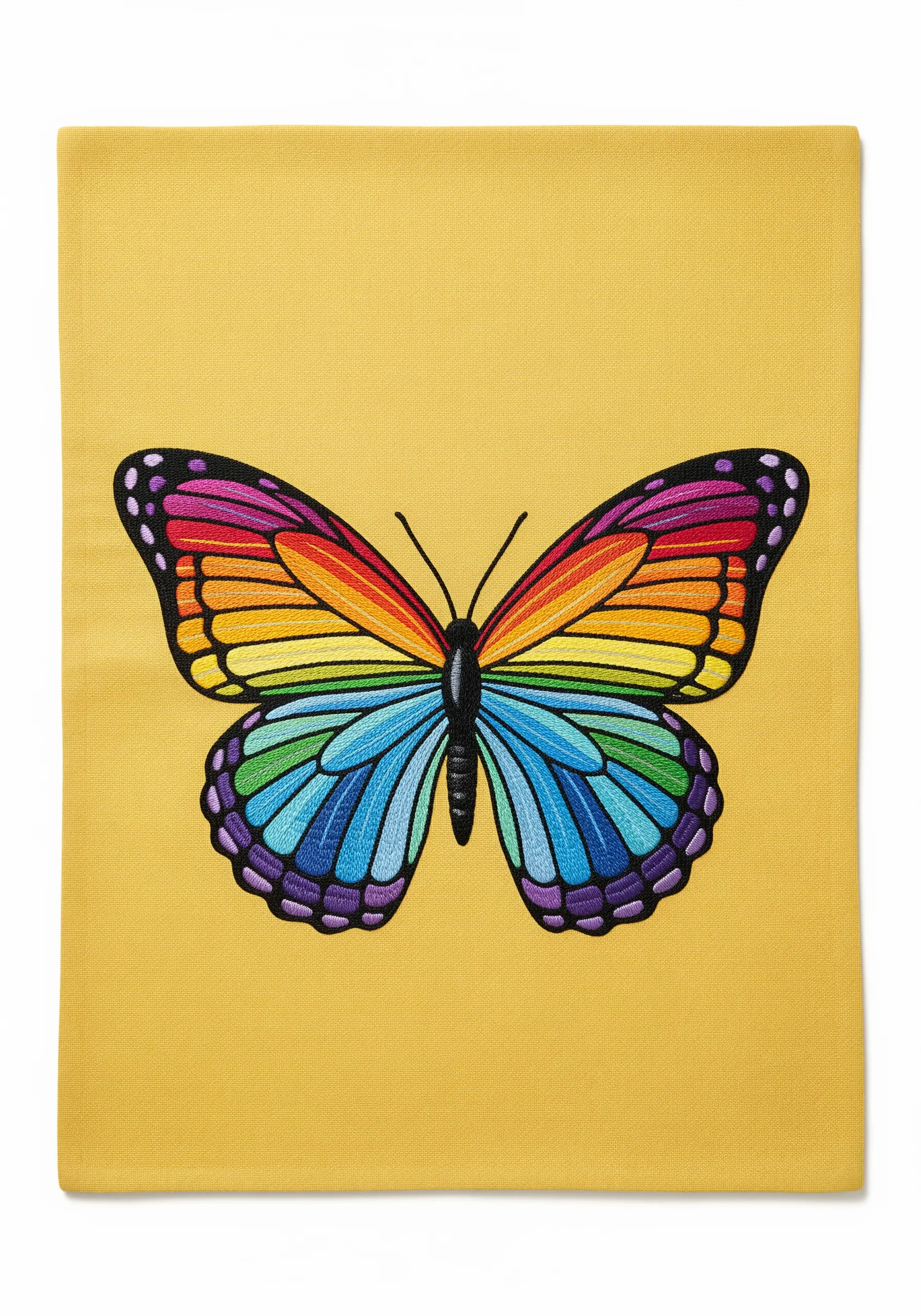 A large, symmetrical butterfly with rainbow satin-stitched wings and black outlines.