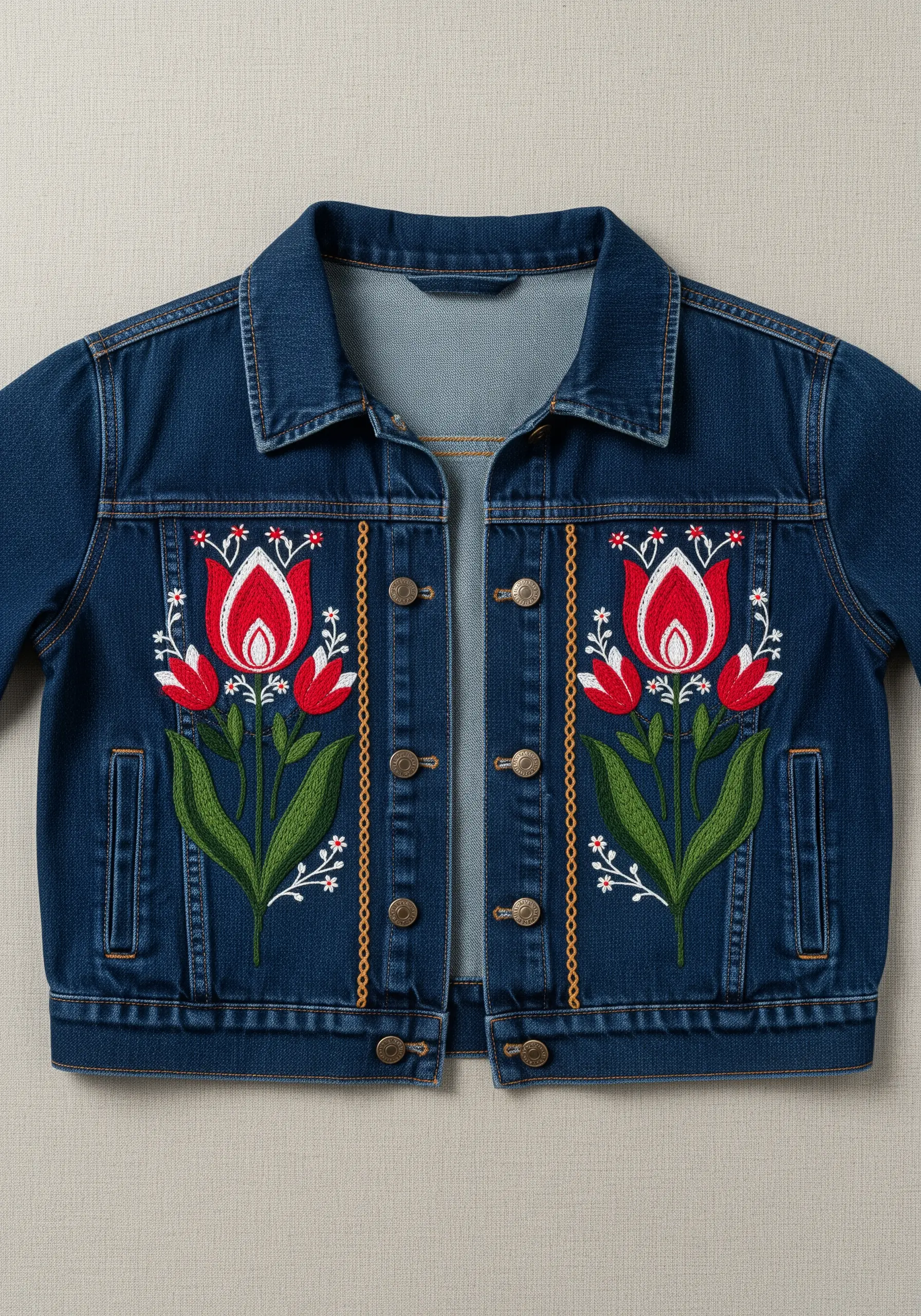 Symmetrical red and white folk art tulip embroidery on a denim jacket.