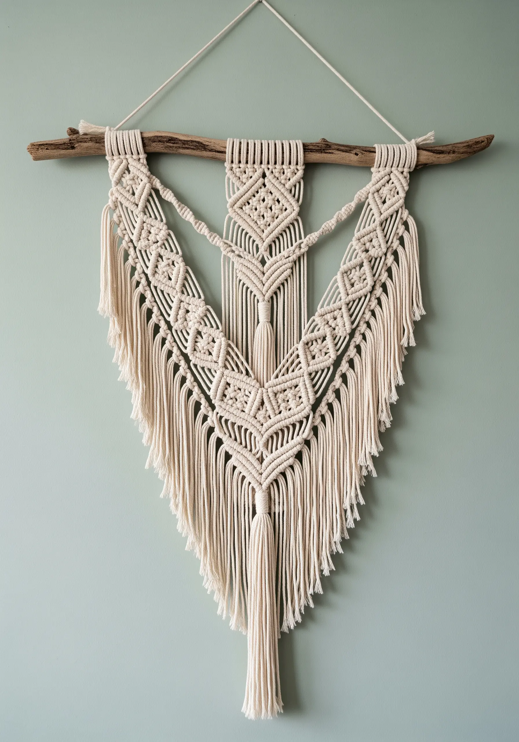 Symmetrical macrame wall hanging on a piece of driftwood against a pale green wall.
