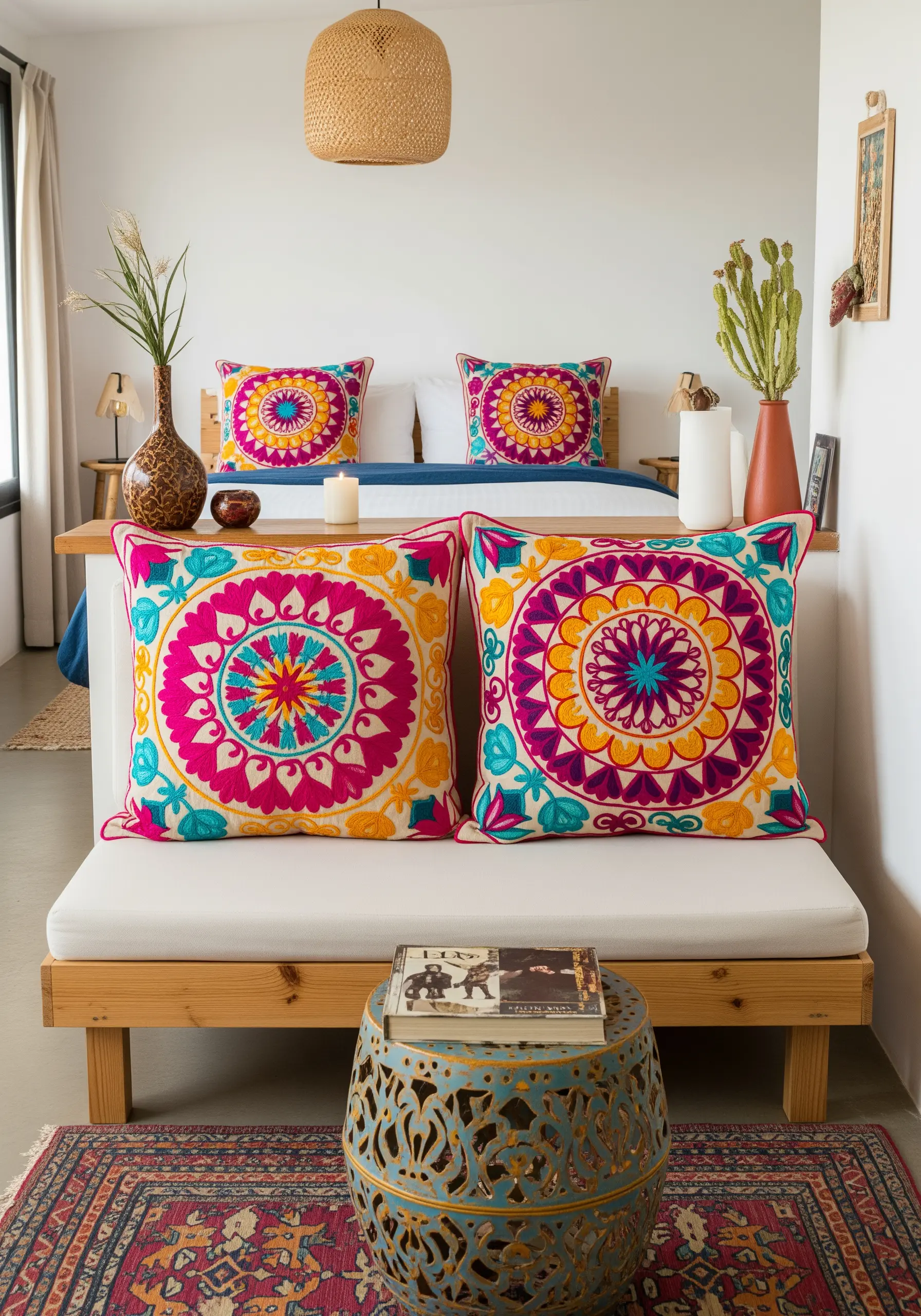 Two vibrant, intricately embroidered mandala cushions in pink, yellow, and purple.