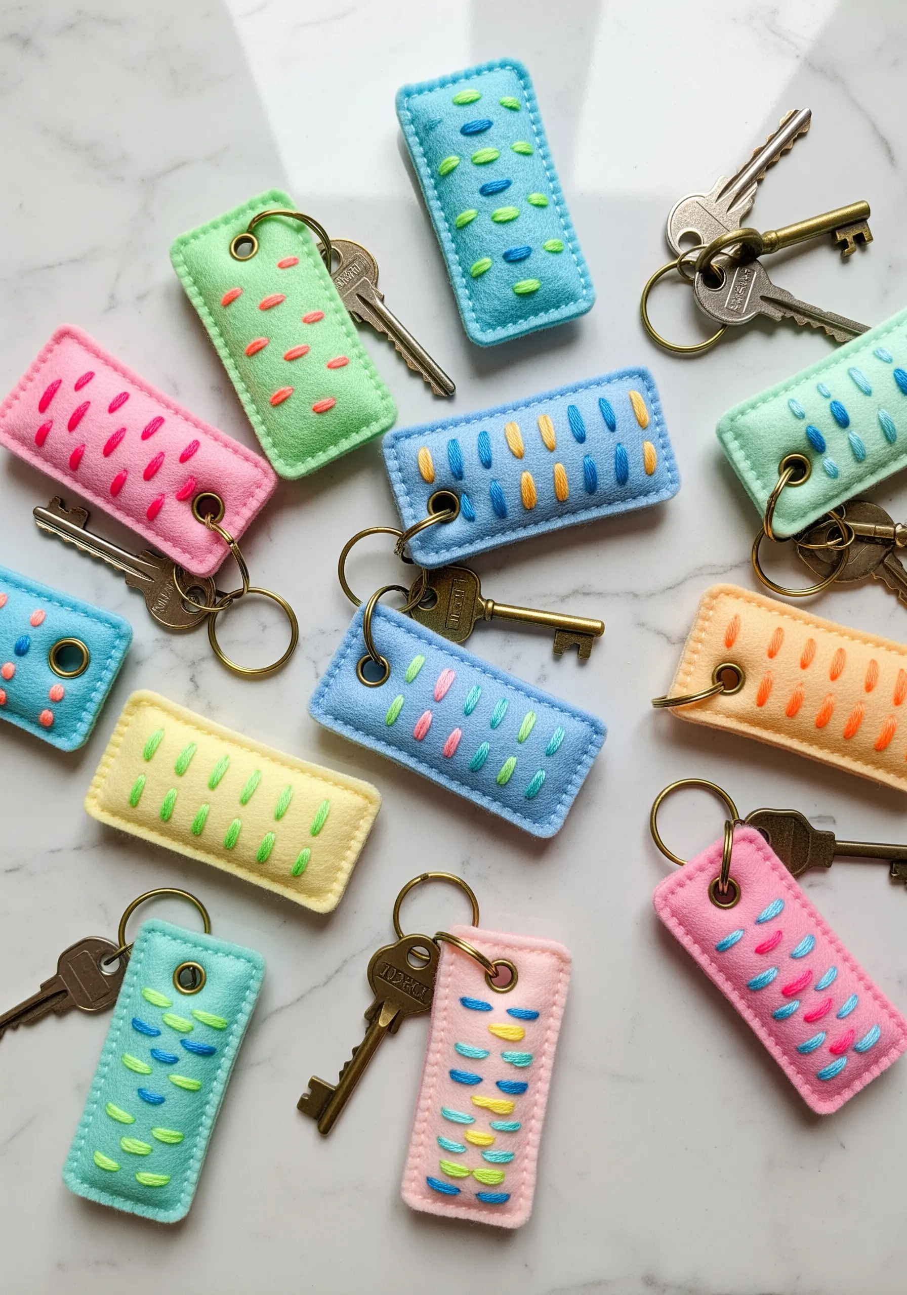 Collection of colorful felt keychains with simple running stitch dashes and patterns