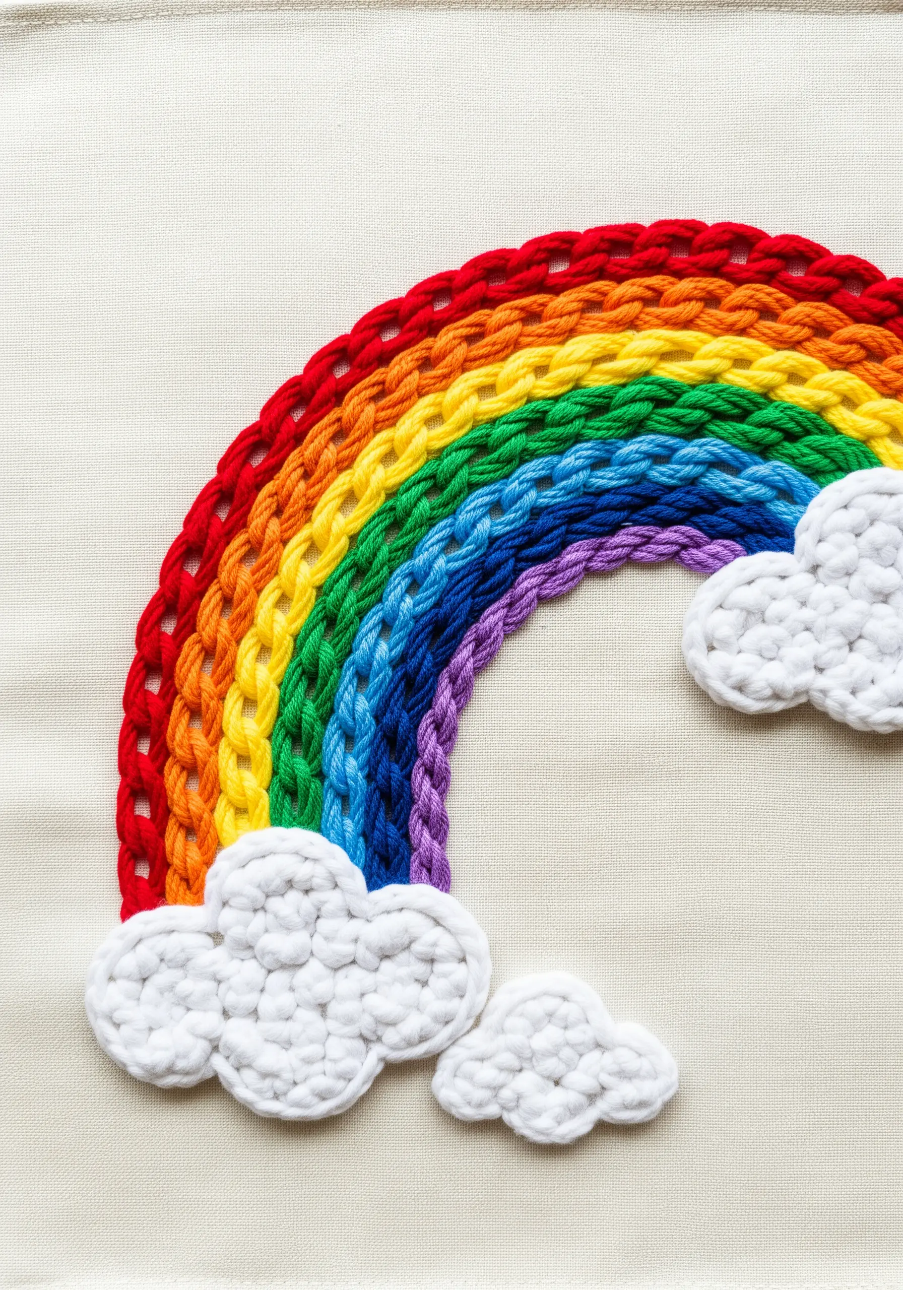 Thick chain stitch rainbow with heavily textured French knot clouds on neutral linen.