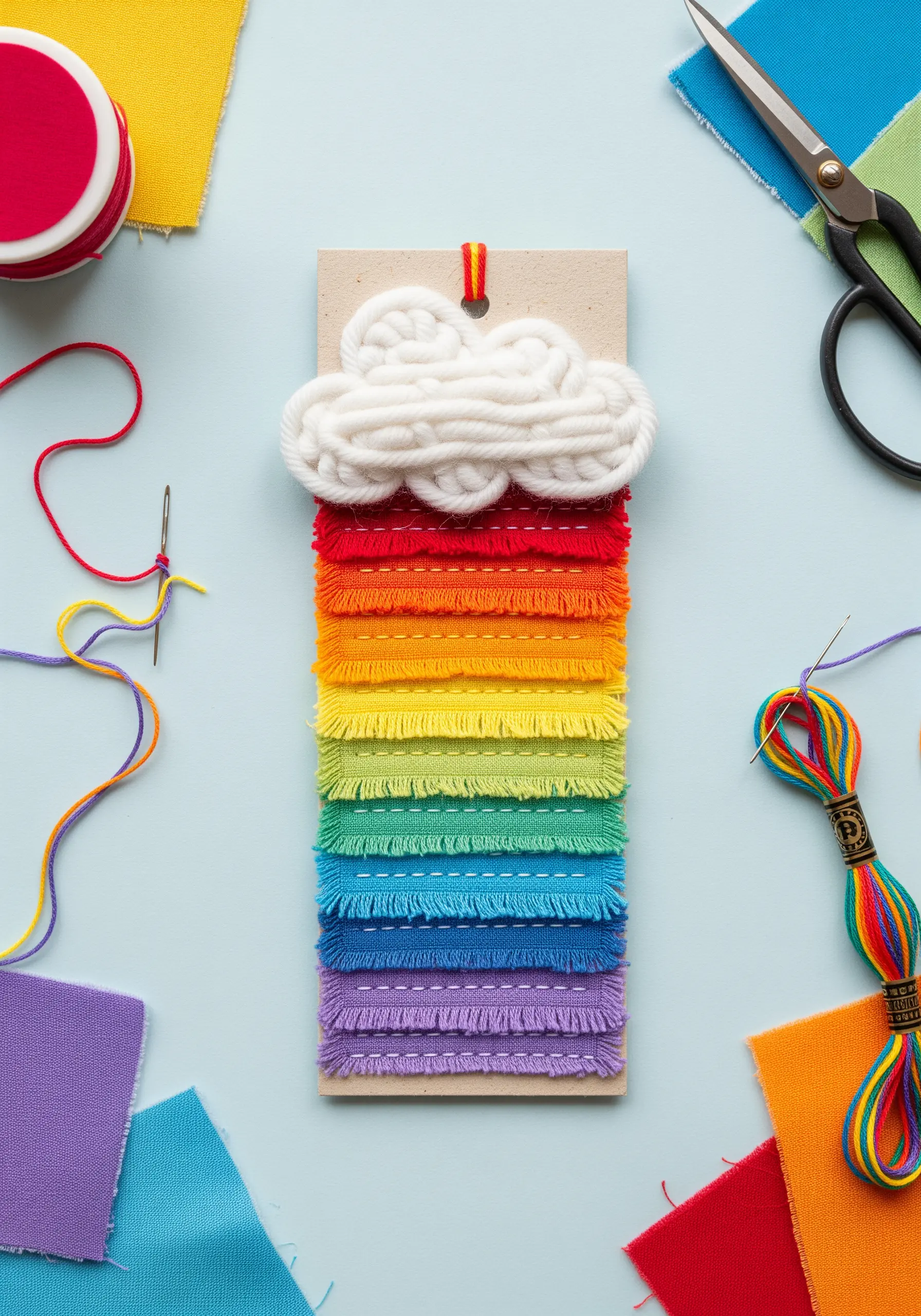 Rainbow bookmark made from layered fabric scraps with a puffy couched yarn cloud on top.