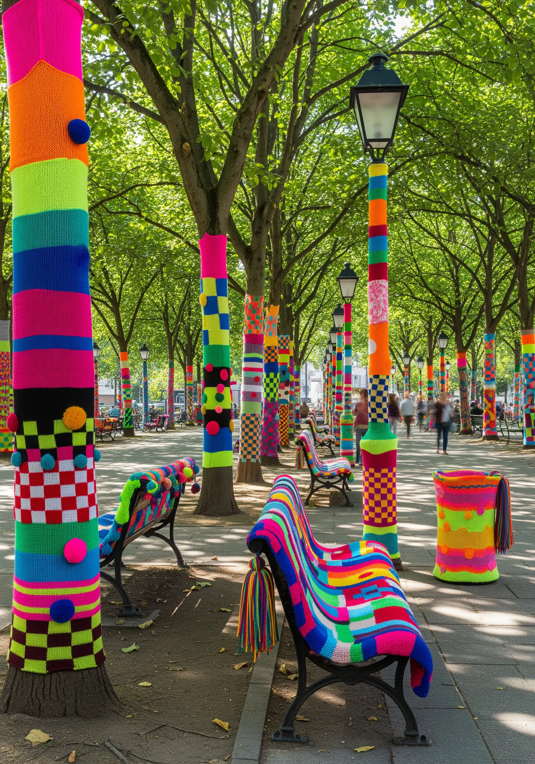 Trees and benches in a public park covered in colorful, knitted yarn bombing.