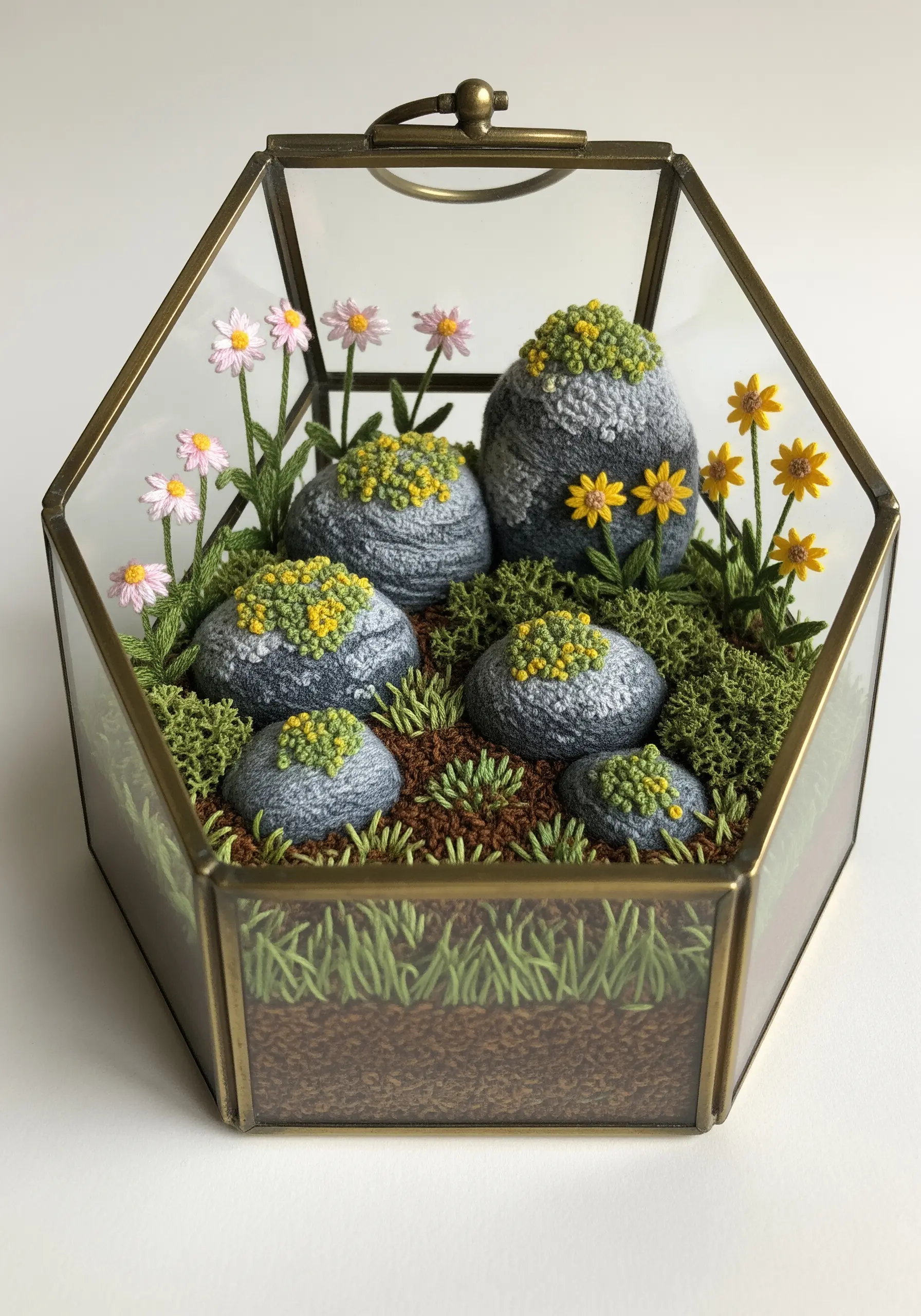 3D embroidered rocks and flowers arranged inside a real hexagonal glass terrarium