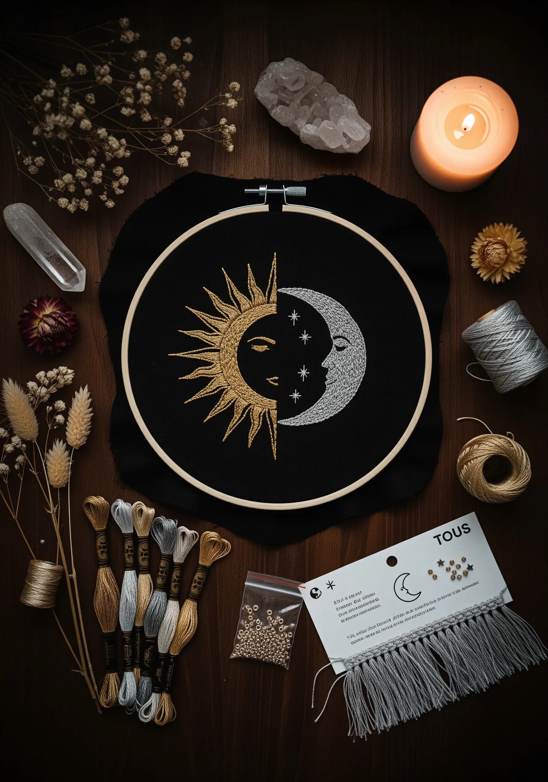 A celestial sun and moon design stitched with gold and silver metallic threads on black fabric.