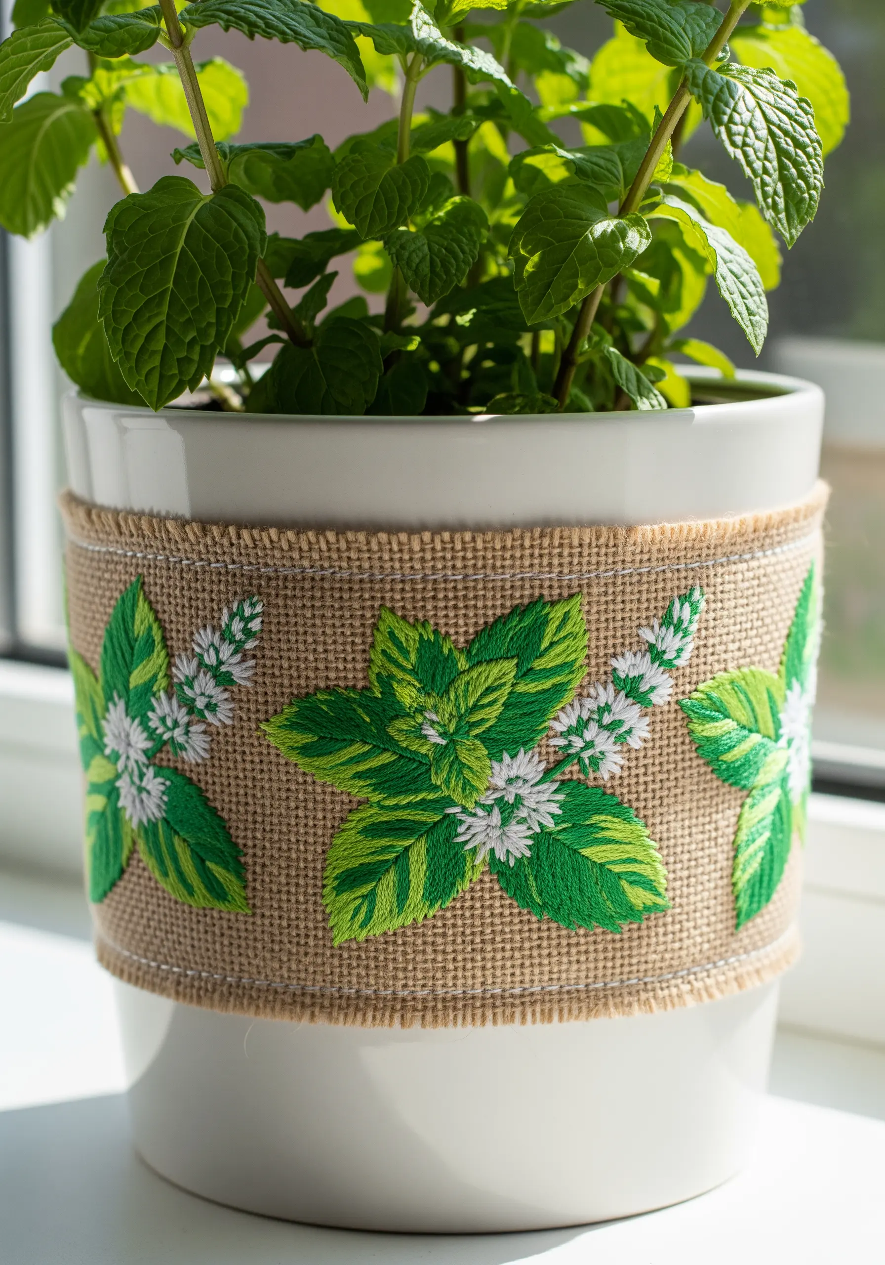 Vibrantly embroidered mint leaves with variegated green colors on a burlap planter wrap.
