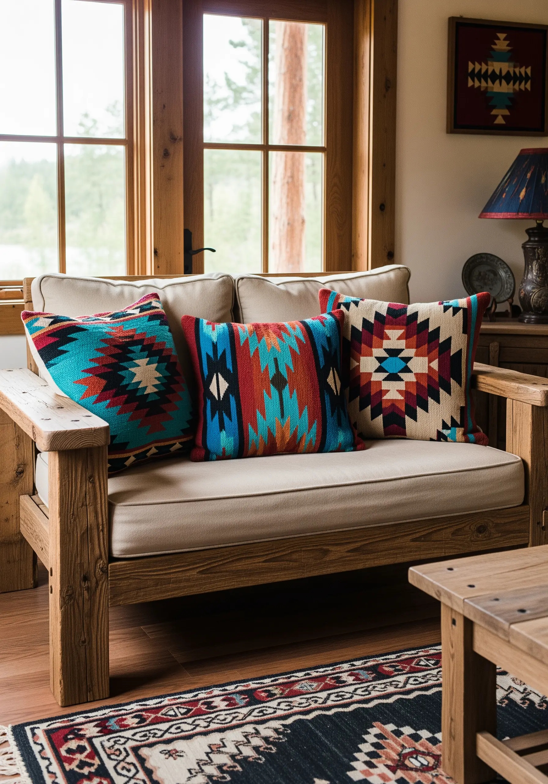 Three cushions with colorful, geometric Southwestern-style embroidered patterns.