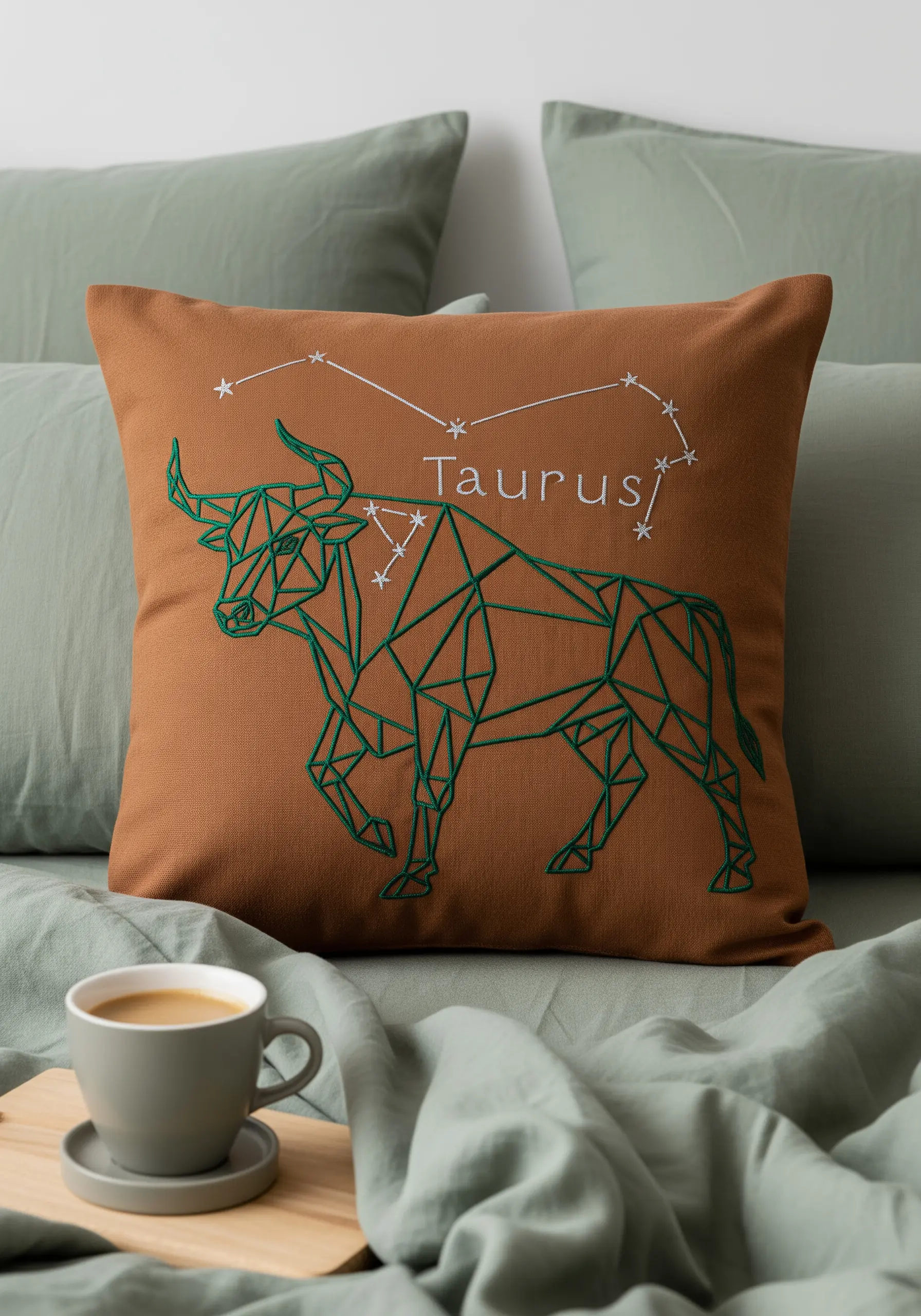 Geometric Taurus embroidery in green thread on a terracotta-colored cushion.