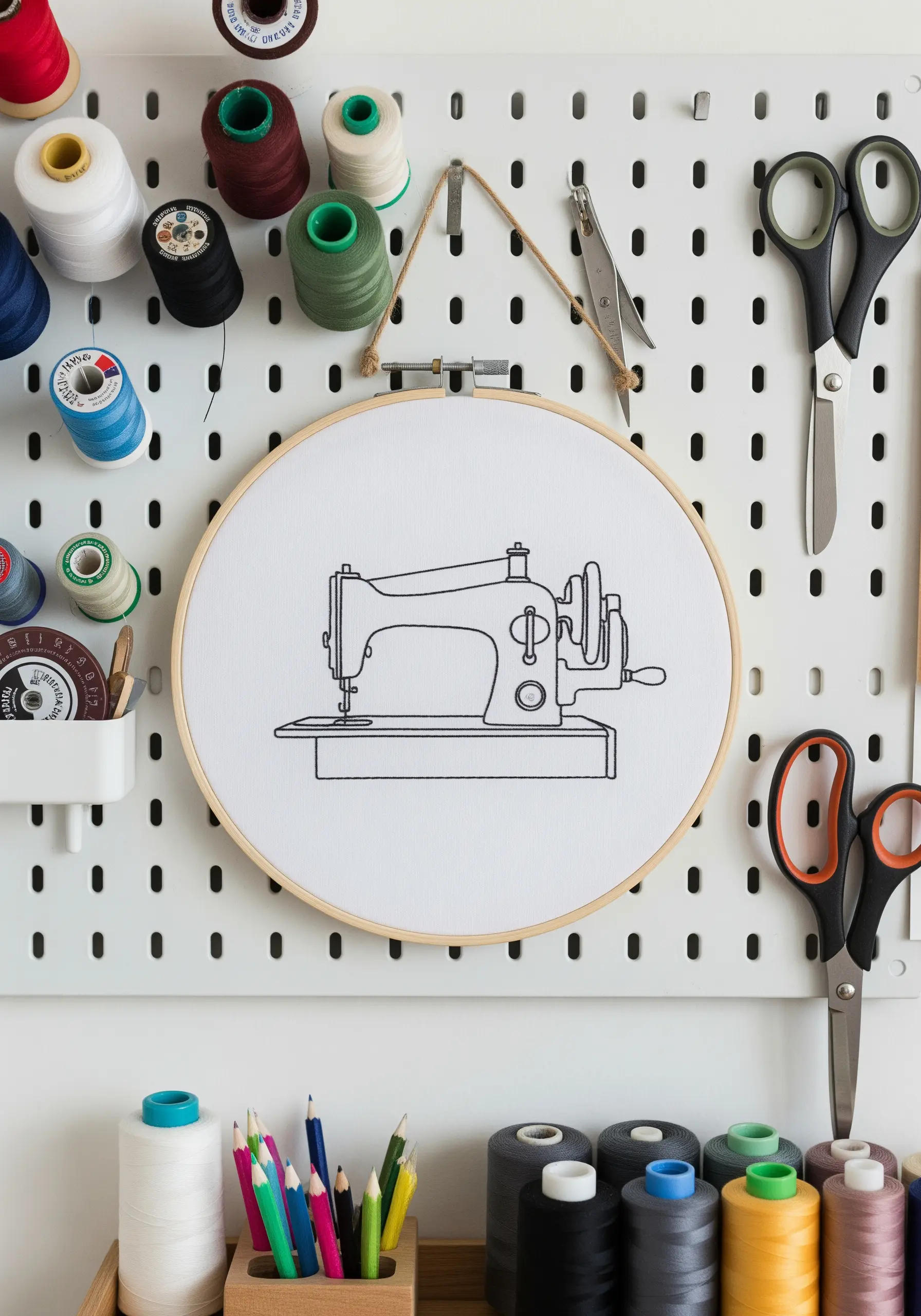 A minimalist outline of a vintage sewing machine embroidered in black.