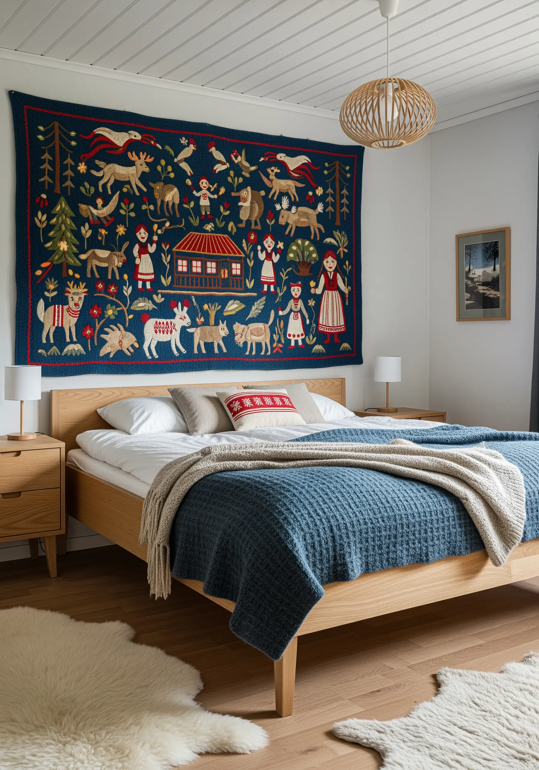 A large folk art tapestry in blue, red, and beige depicting stylized animals, people, and a house.