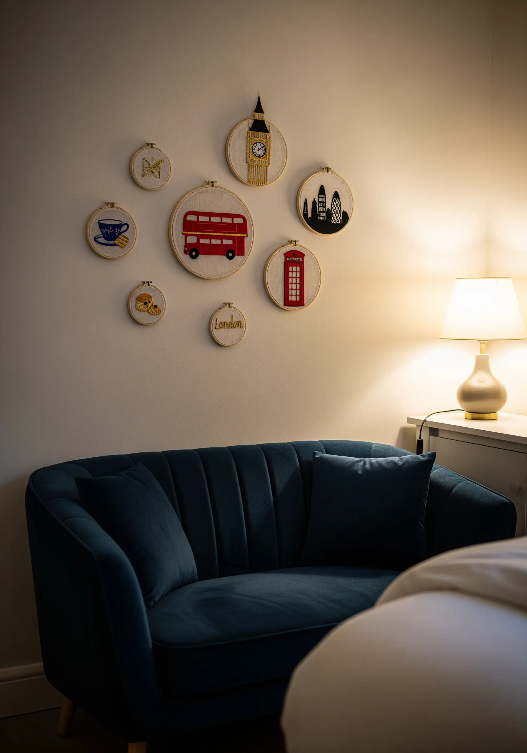 A collection of London-themed embroidery hoops, including Big Ben and a red bus, in a cozy room.