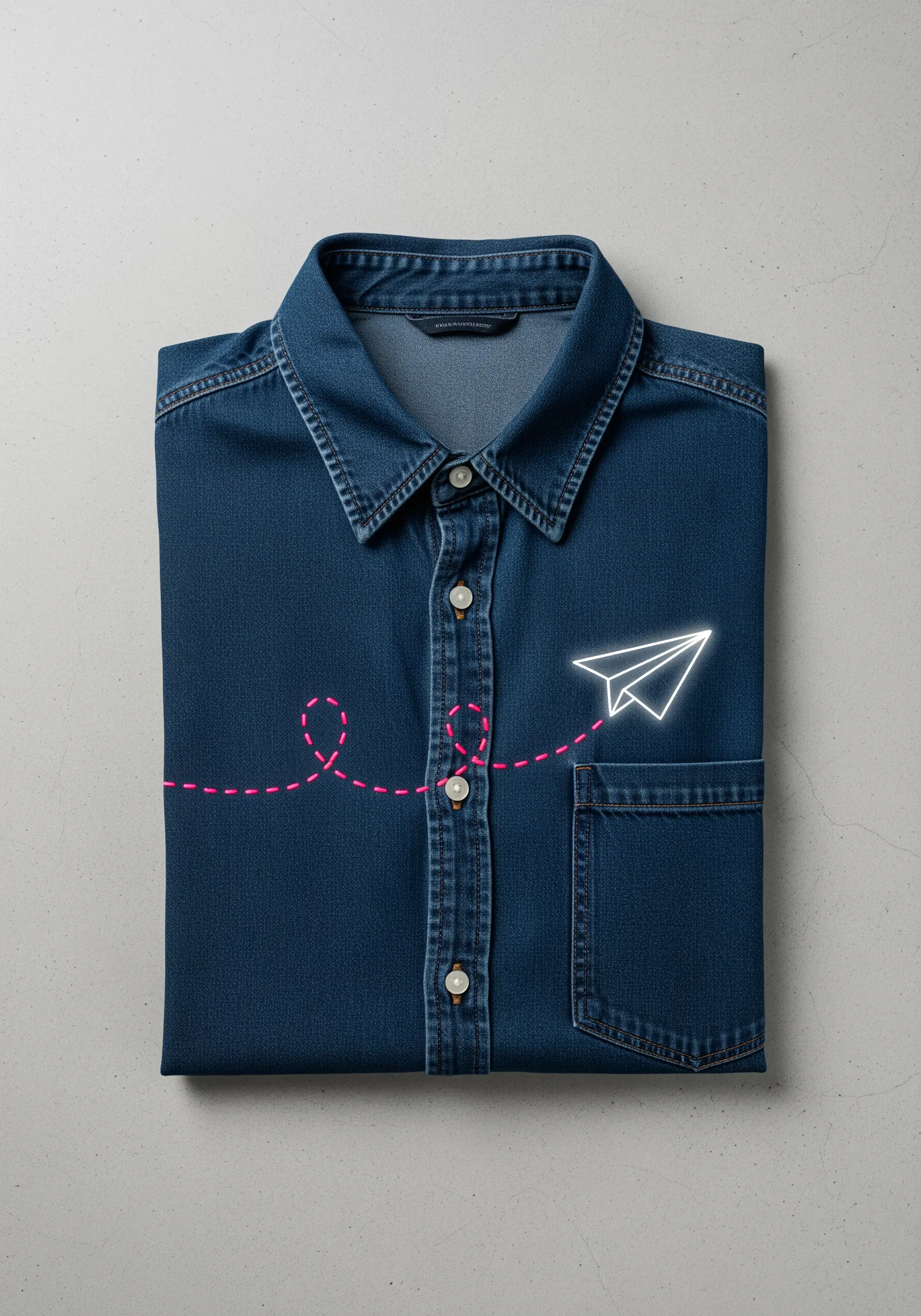 A white line-art paper plane with a neon pink dashed flight path on a denim shirt.
