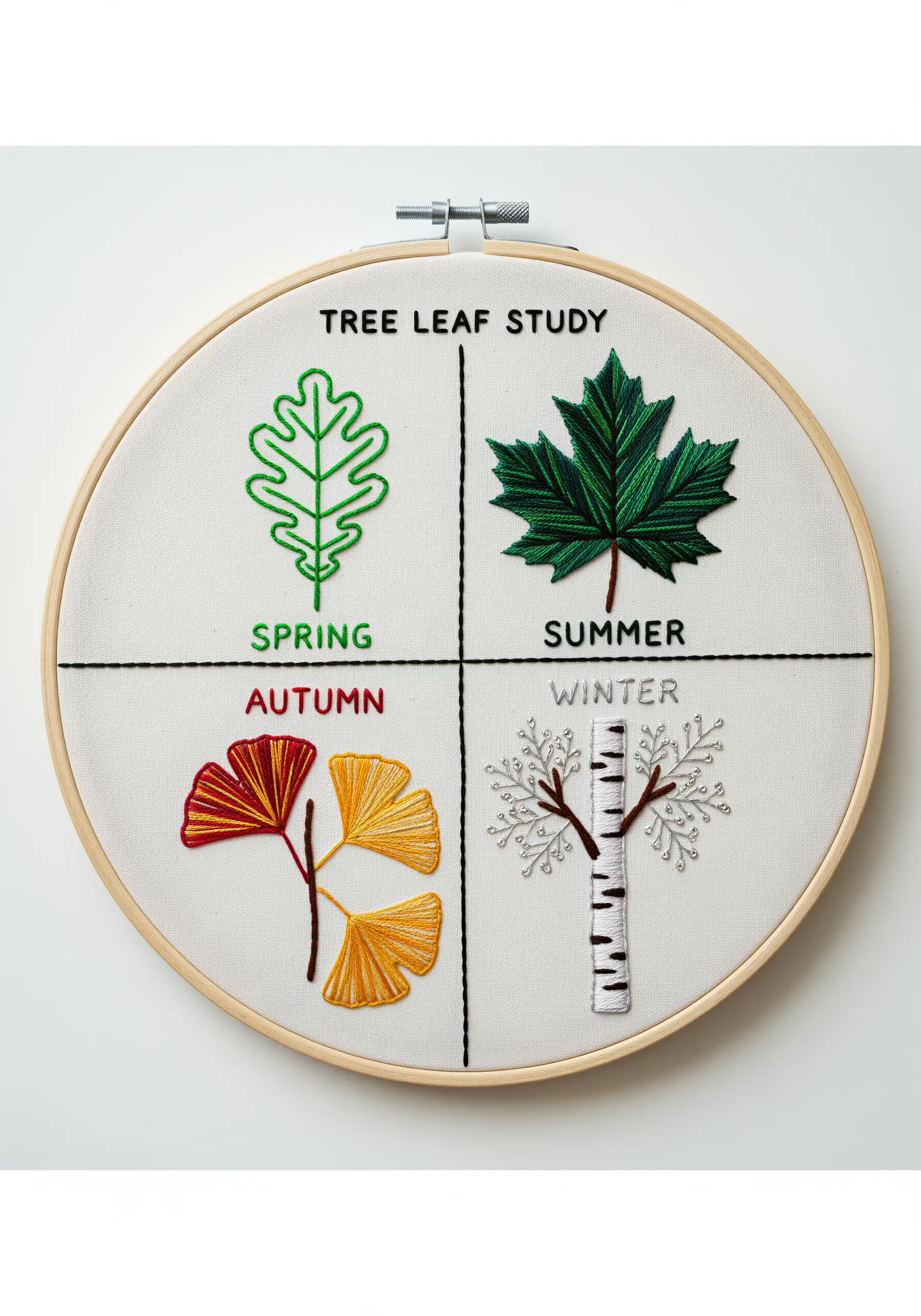 A four-quadrant sampler showing tree leaves representing spring, summer, autumn, and winter.