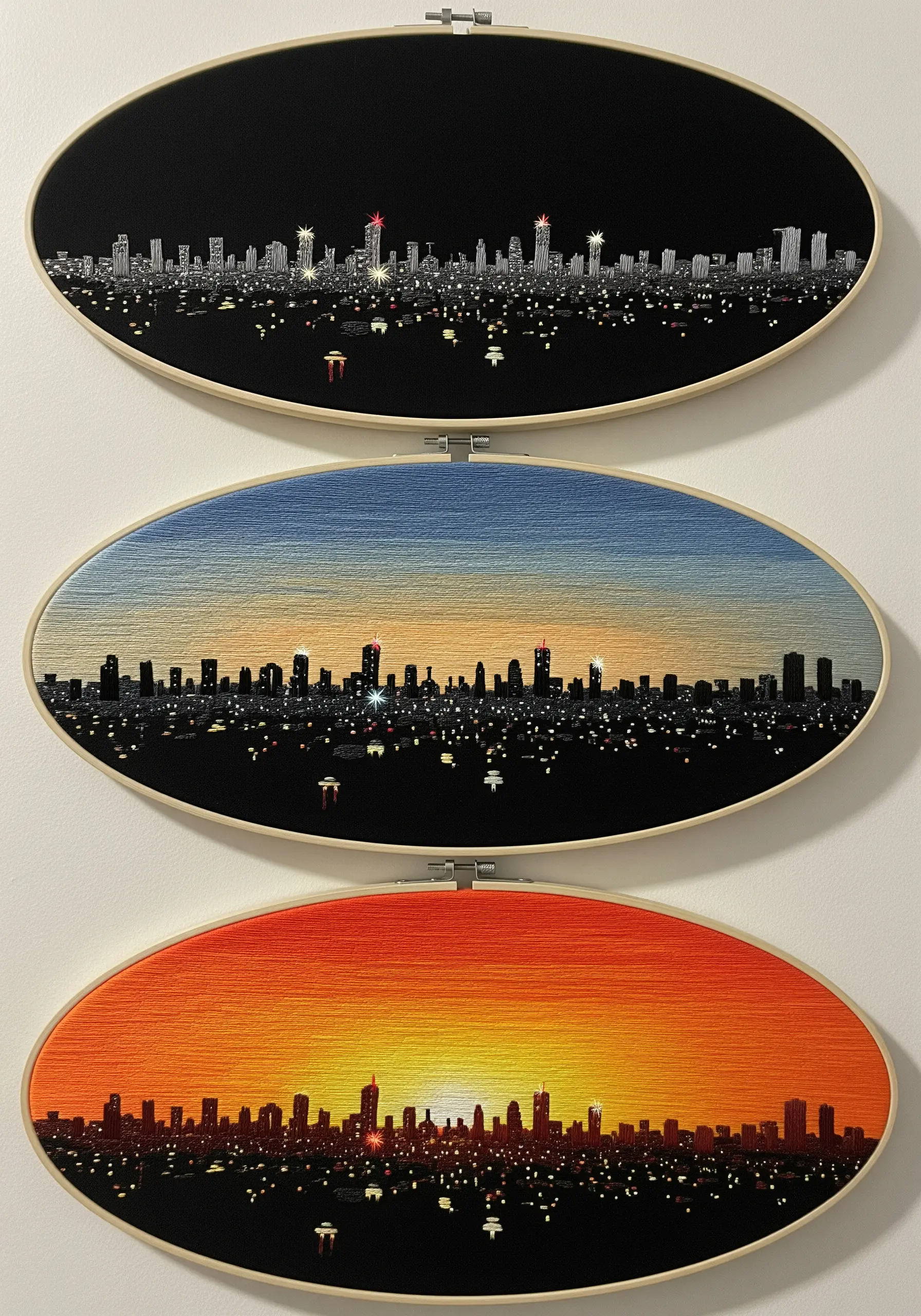 A triptych of three oval hoops showing a city skyline at night, dusk, and sunset.