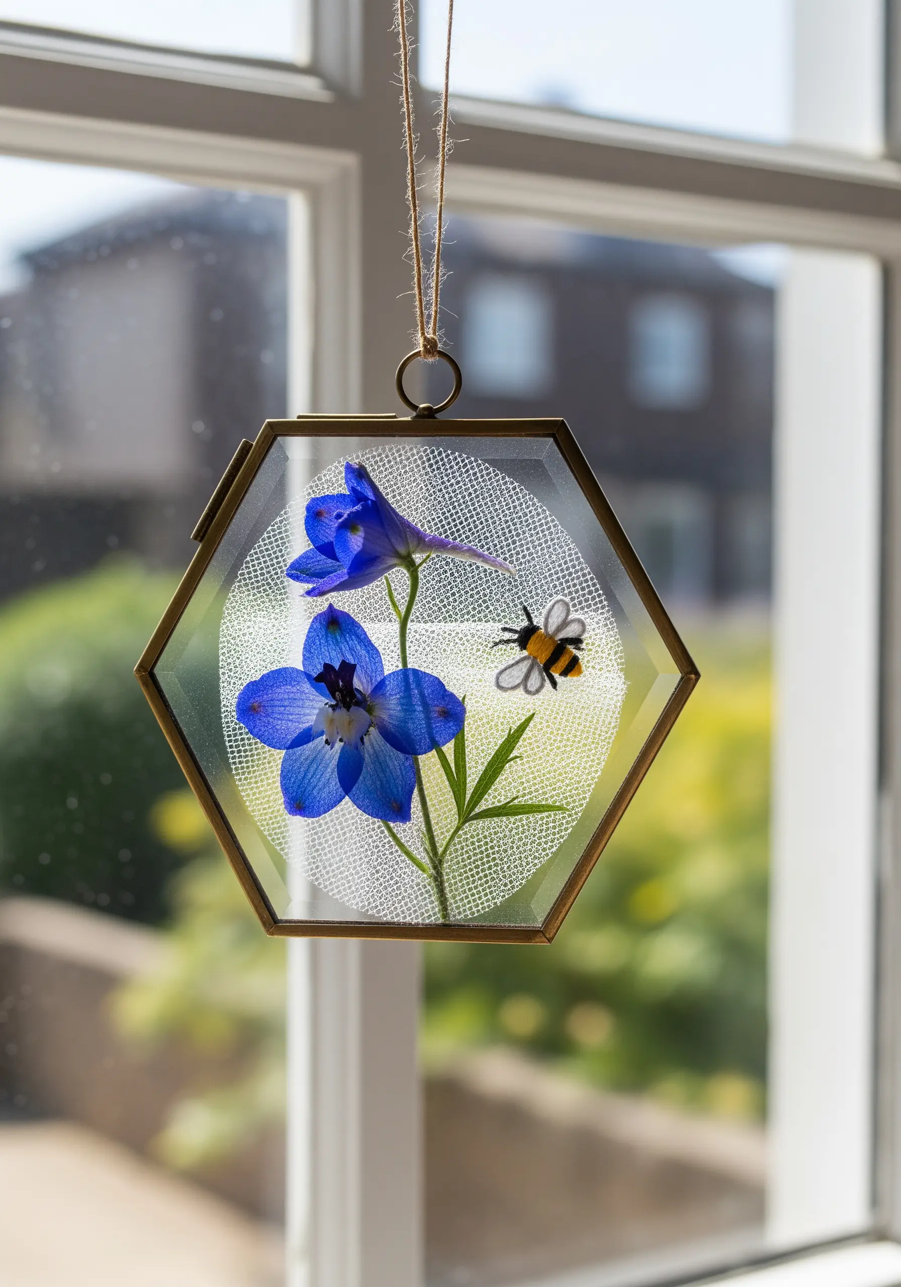 A pressed blue flower and a small embroidered bee enclosed in a hanging hexagonal glass frame.