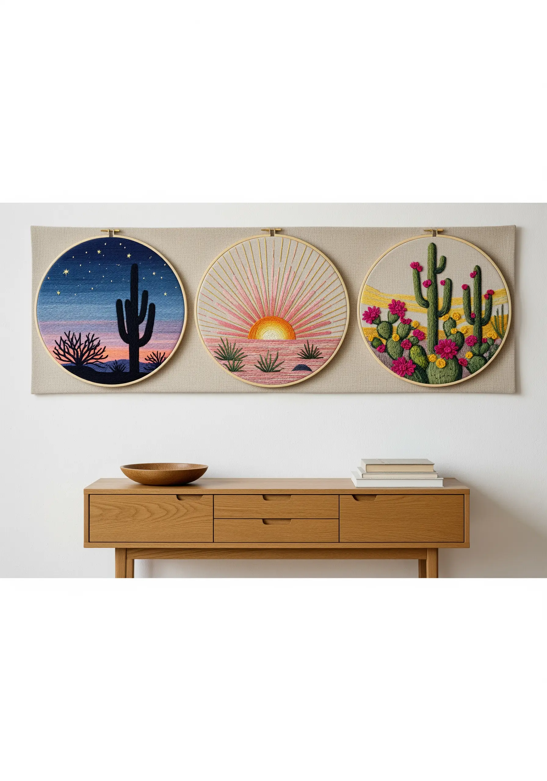 Desert landscape triptych showing a cactus scene from night, to sunrise, to day.