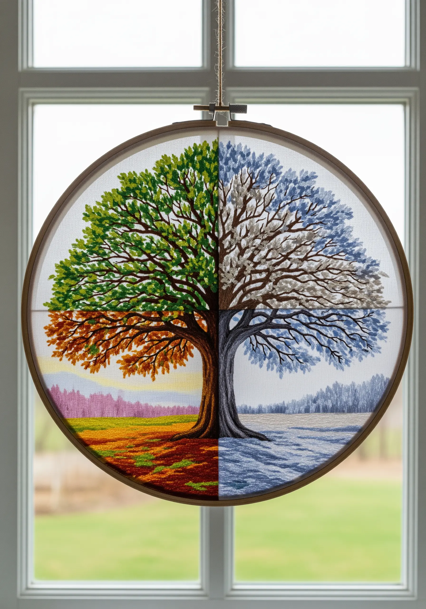 An embroidered tree divided into four quadrants, each depicting a different season.