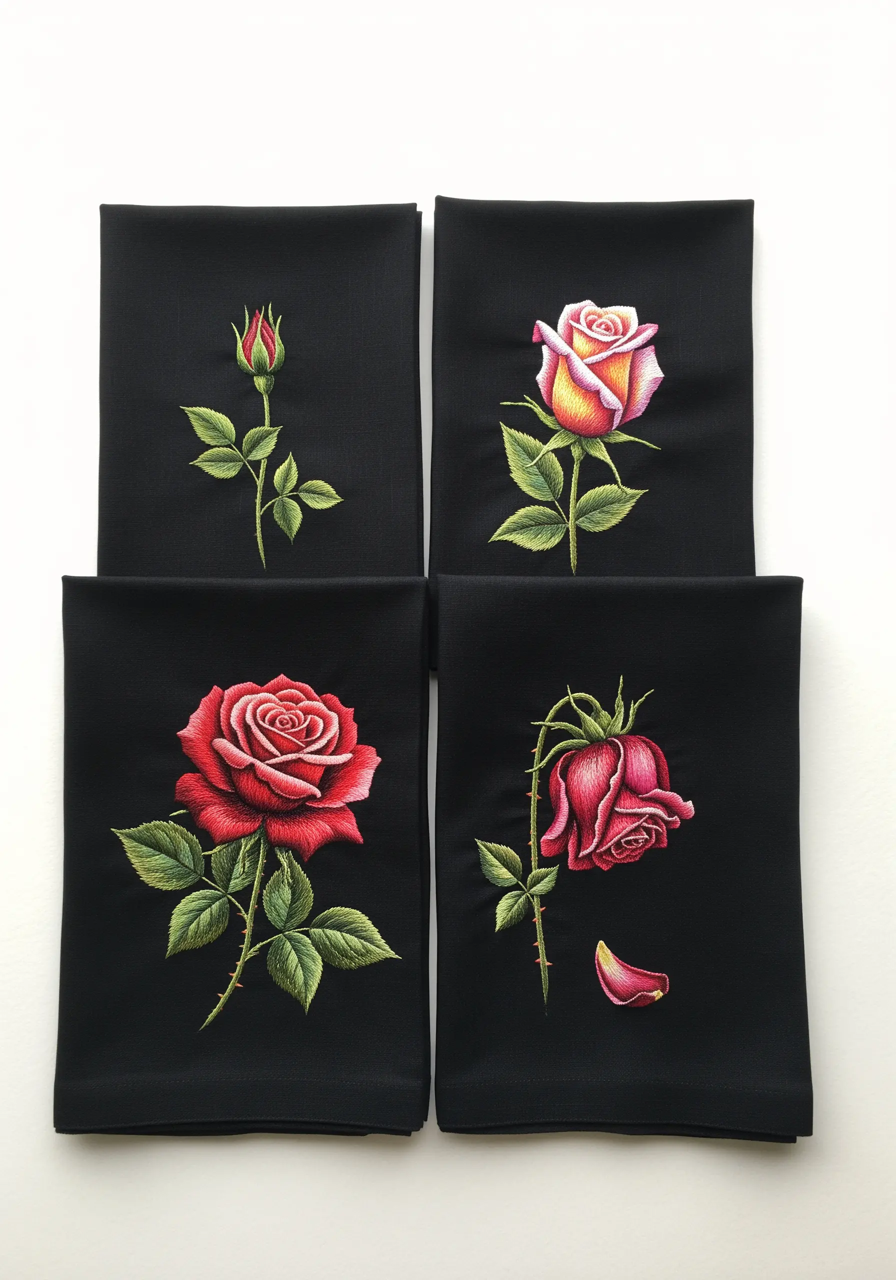 Four black napkins, each showing a different stage of a red rose's life, from bud to wilting.