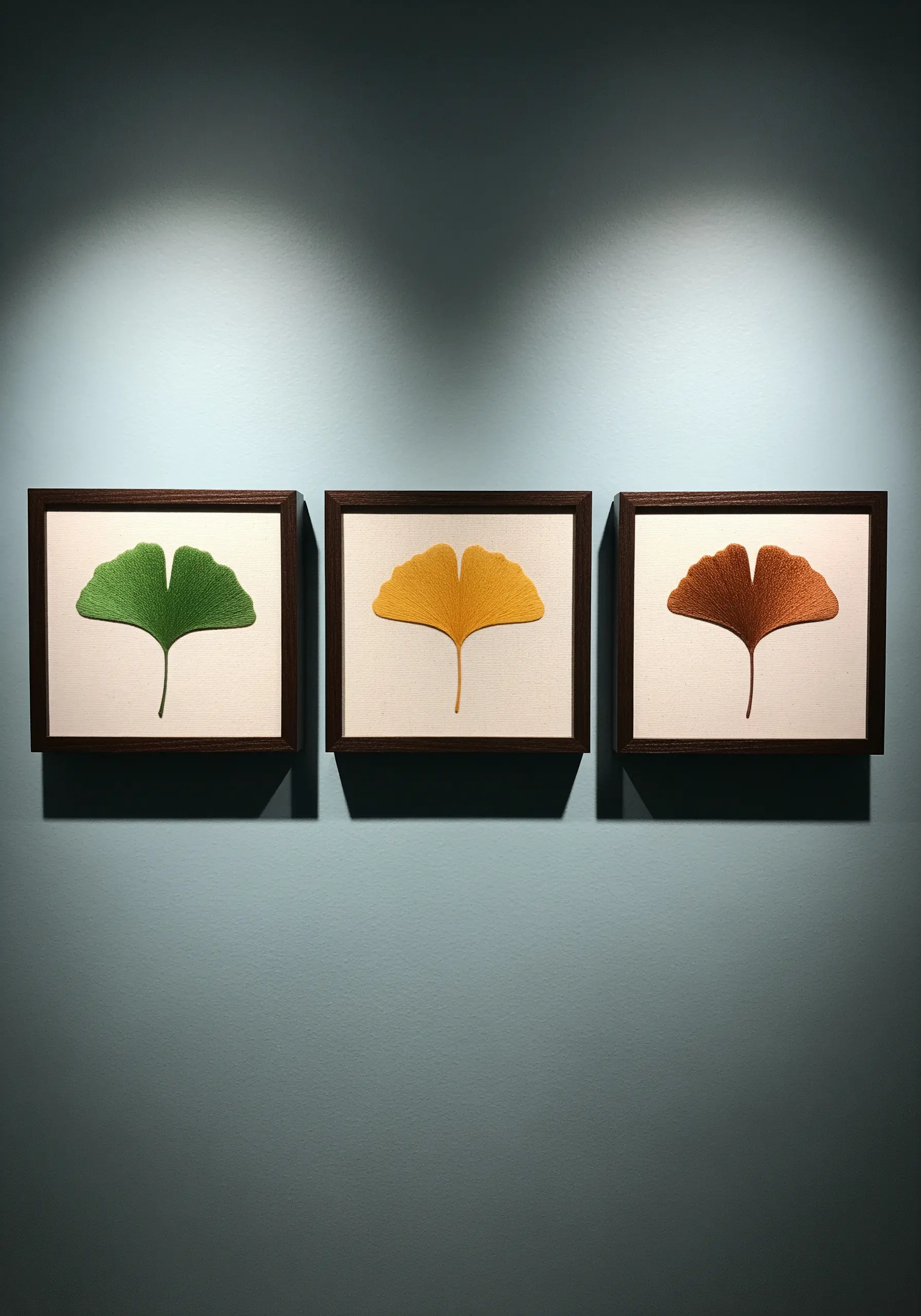 A triptych of three framed embroideries, each showing a ginkgo leaf in green, yellow, and brown.