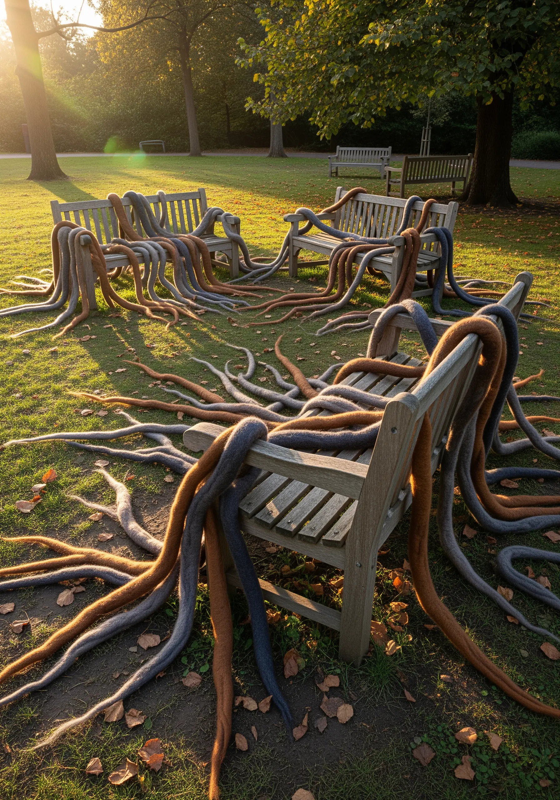 Park benches with long, flowing, root-like tentacles made of felted wool covering them.
