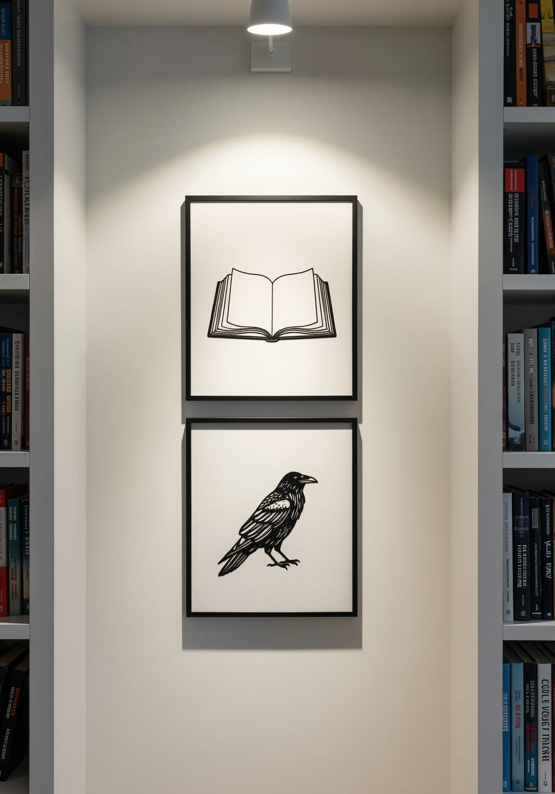 Two framed embroideries, one of an open book and one of a crow.