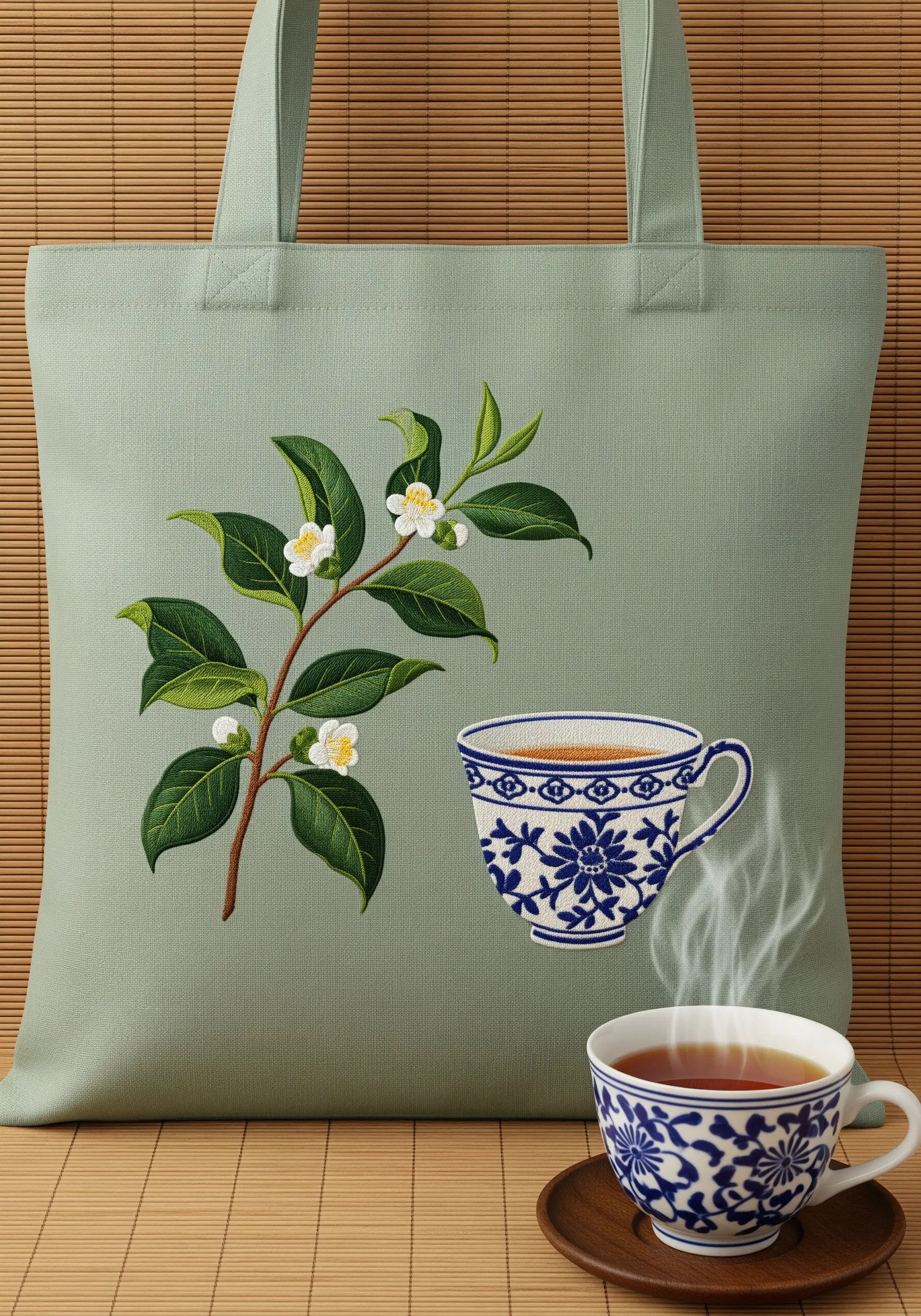 A branch of a tea plant and a blue and white teacup embroidered on a sage green tote.