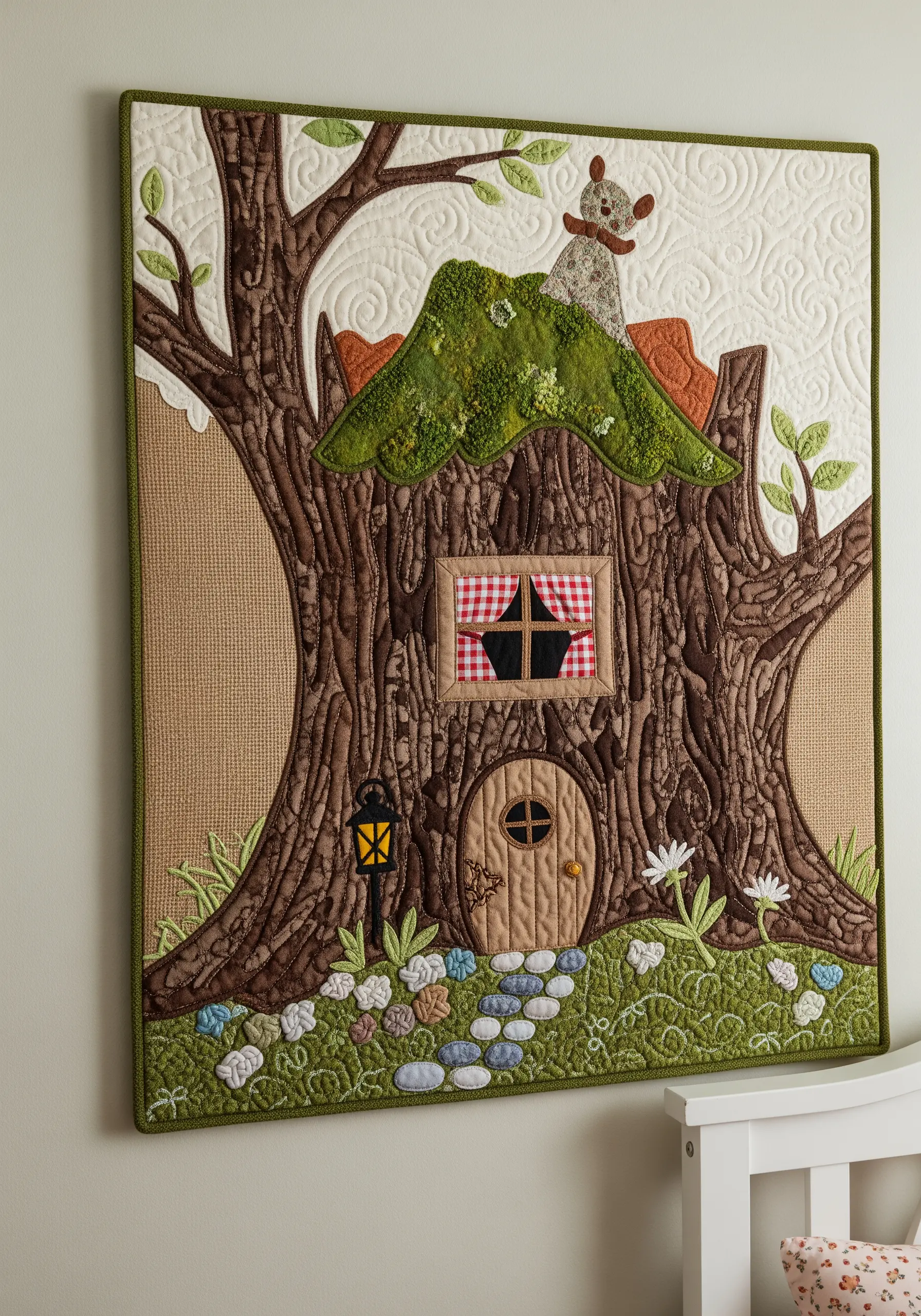 Quilted wall hanging of a whimsical treehouse with appliqué details.