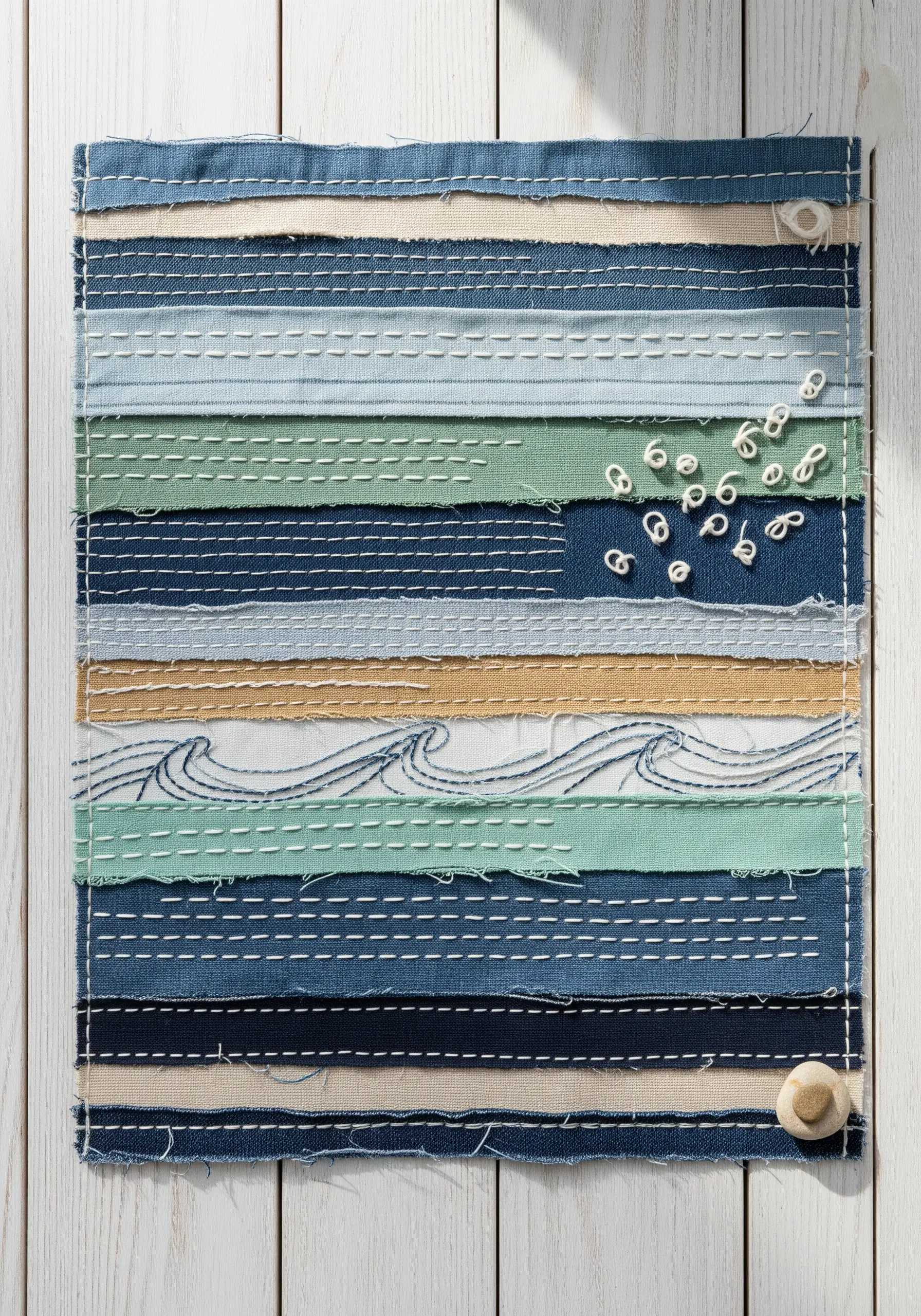 A coastal-themed fabric collage of layered blue and sand-colored strips with minimal stitch details.