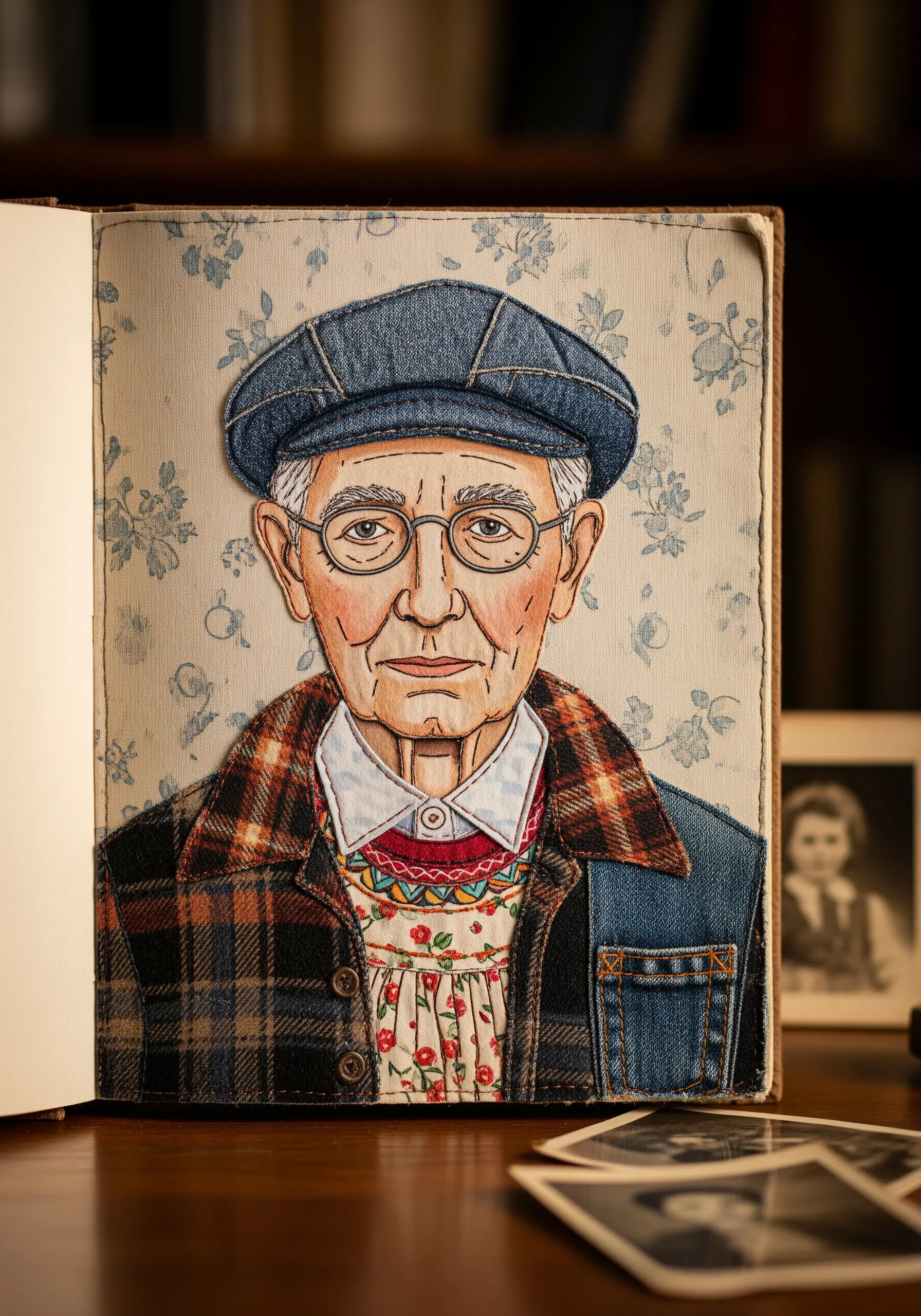 Fabric collage portrait of an older man wearing a collaged plaid shirt and denim jacket.