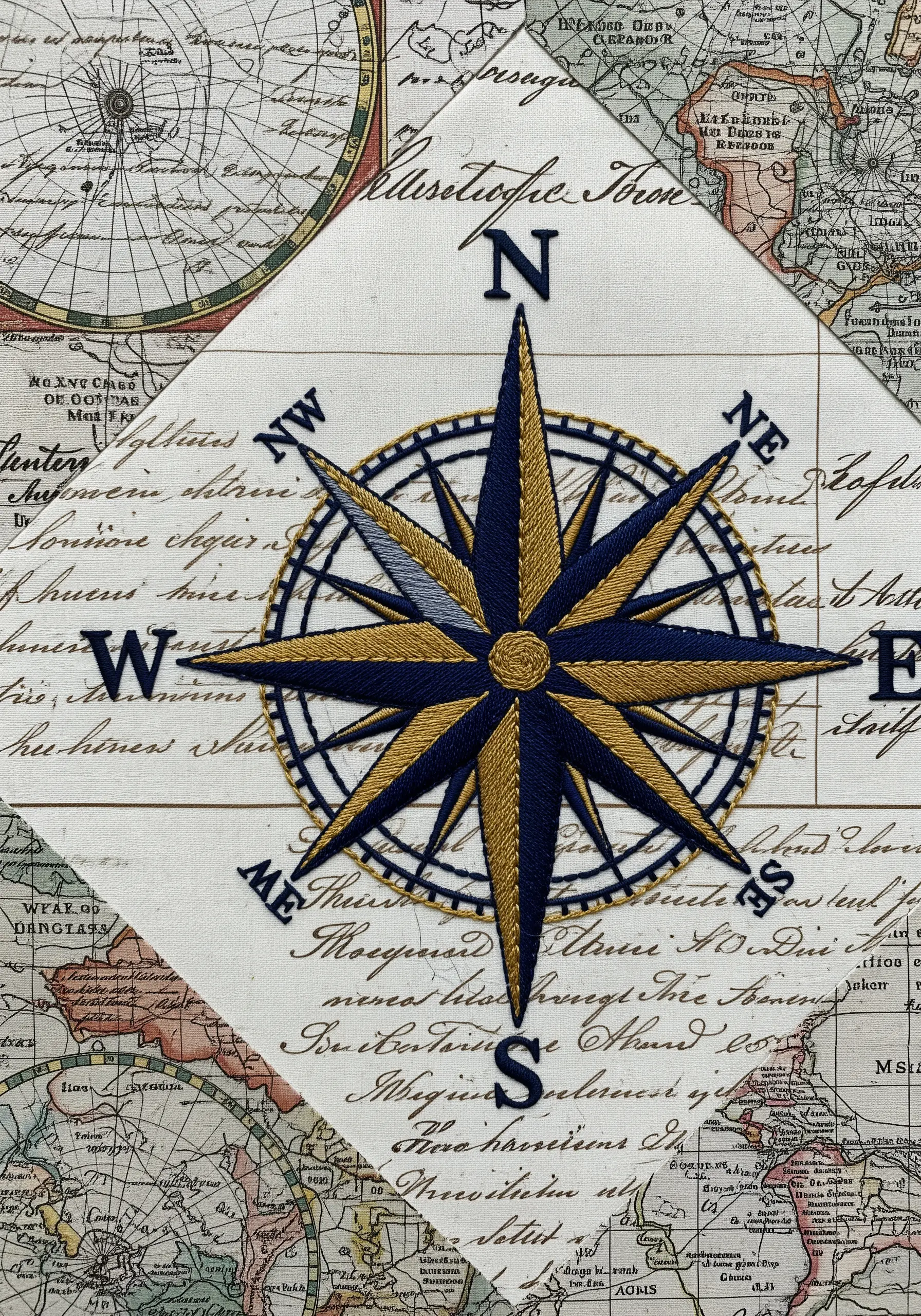 Embroidered compass rose on a collage of vintage map and script printed fabrics.