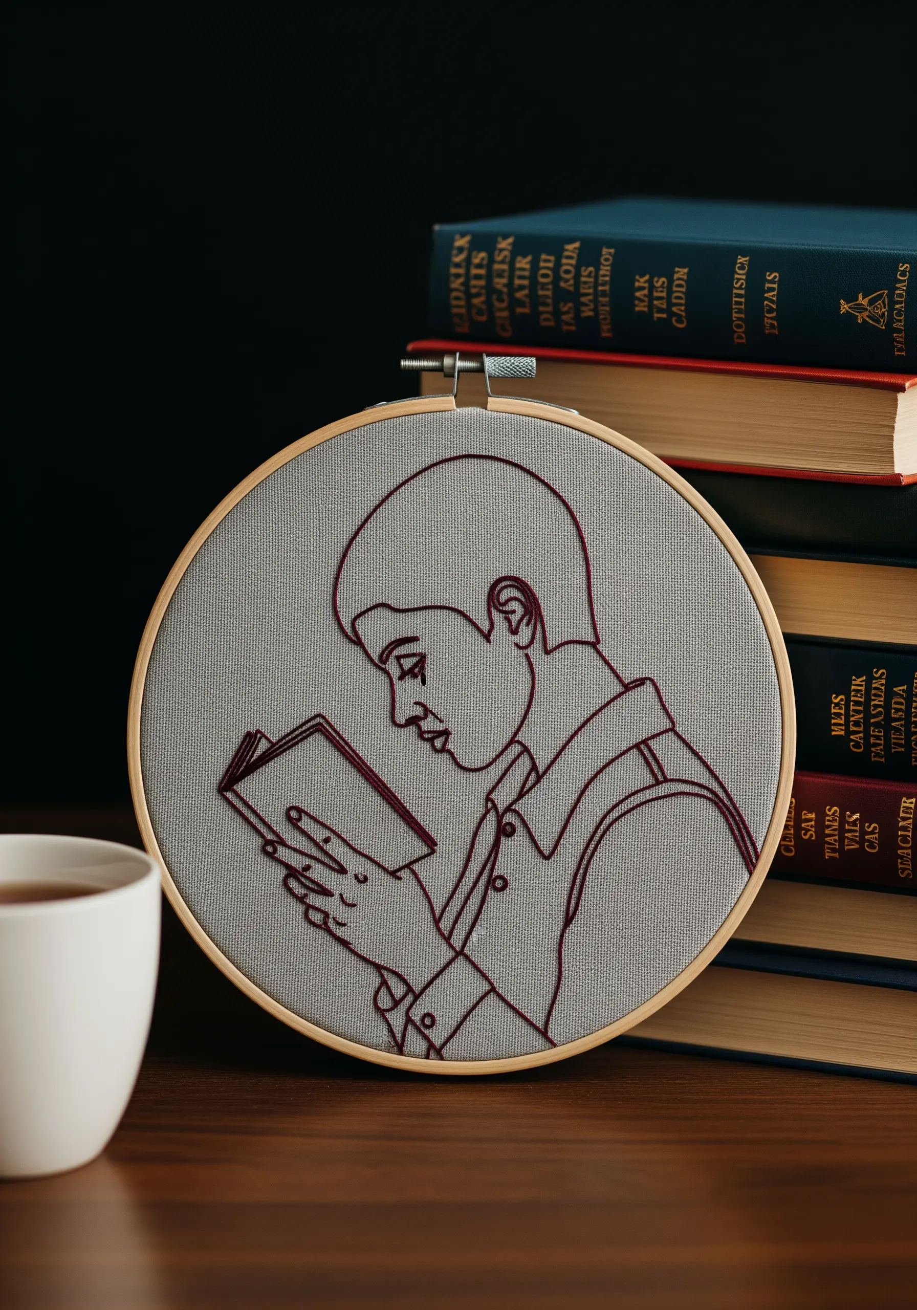 Line art portrait of a person reading a book, stitched in burgundy thread.